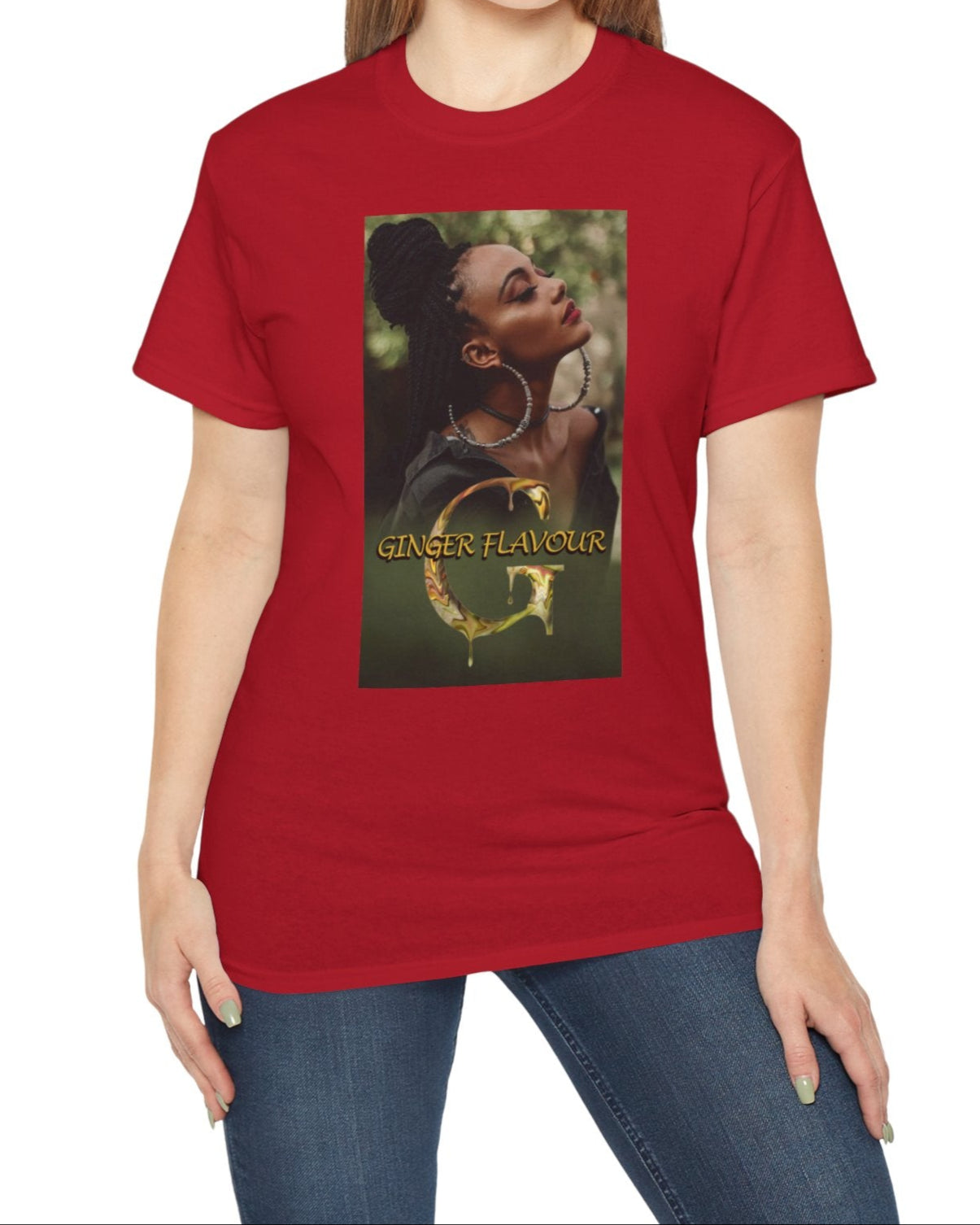 Ginger Flavour unisex cotton t-shirt in cherry red, featuring a centered design of a woman with eyes closed, moon-shaped earrings, and soft mist. Printed on 100% US cotton, ethically made and Oeko-Tex certified. ModeK Vetements.