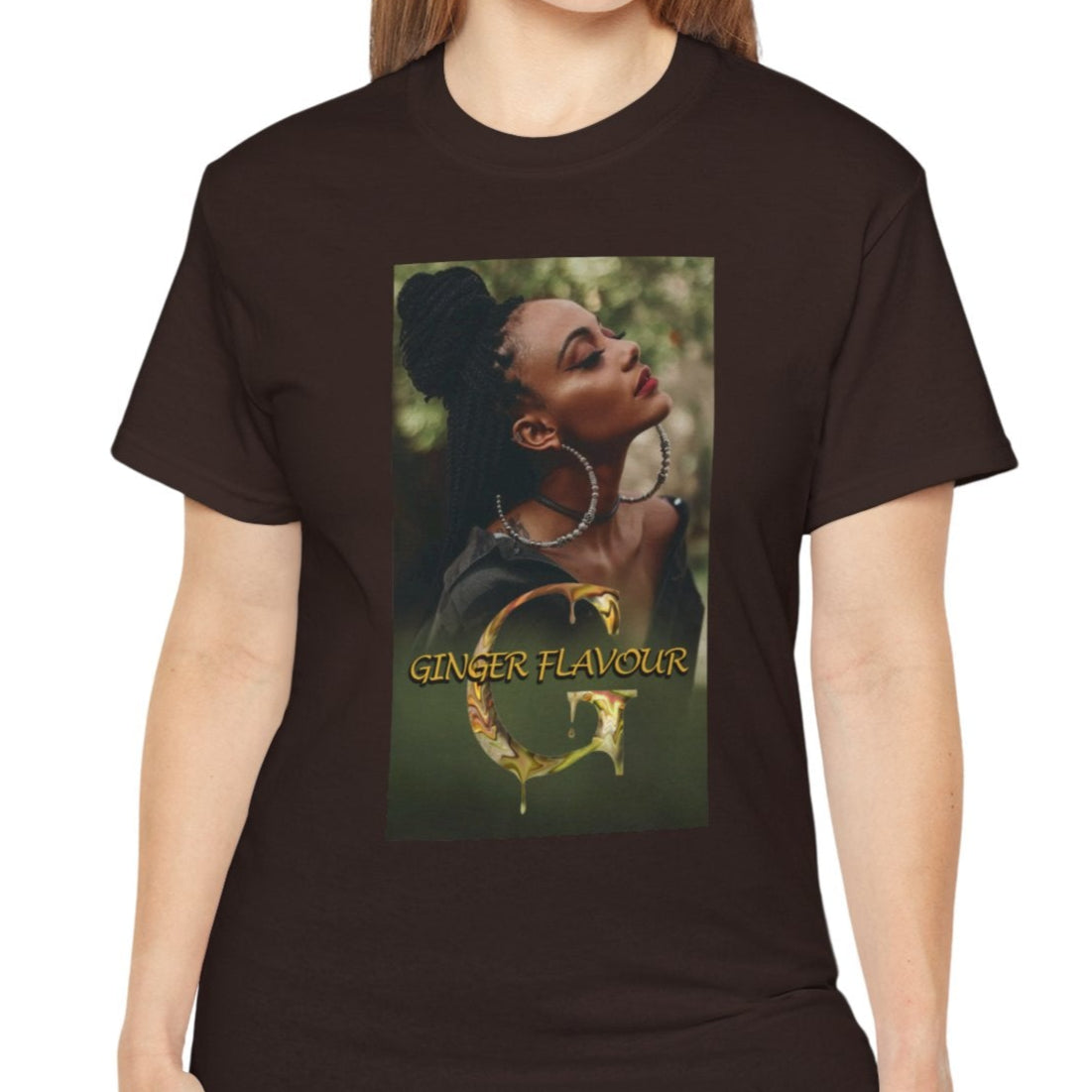 Ginger Flavour unisex cotton t-shirt in dark chocolate, featuring a centered design of a woman with eyes closed, moon-shaped earrings, and soft mist. Printed on 100% US cotton, ethically made and Oeko-Tex certified. ModeK Vetements.