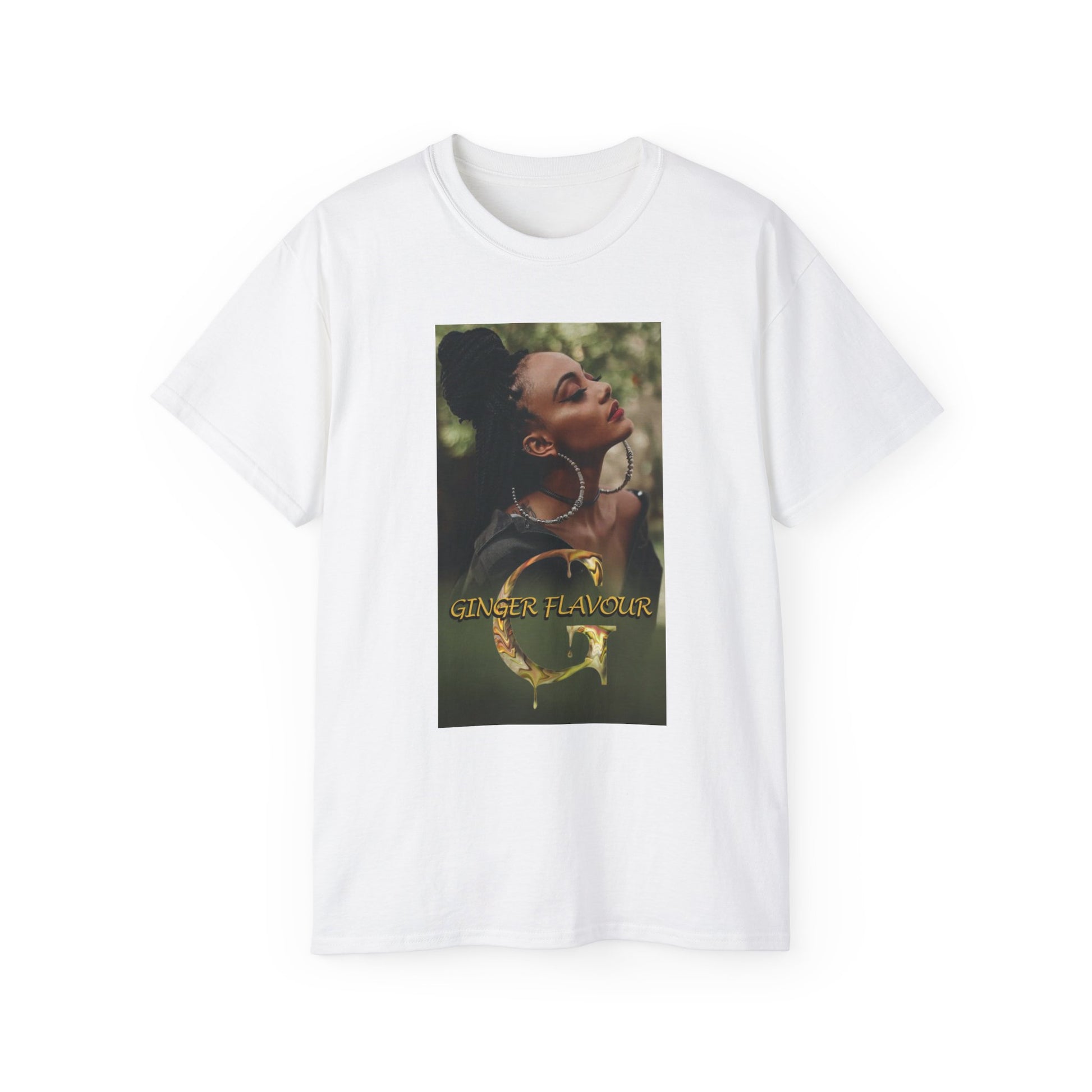 Flat Ginger Flavour unisex cotton t-shirt in white, featuring a centered design of a woman with eyes closed, moon-shaped earrings, and soft mist. Printed on 100% US cotton, ethically made and Oeko-Tex certified. ModeK Vetements.