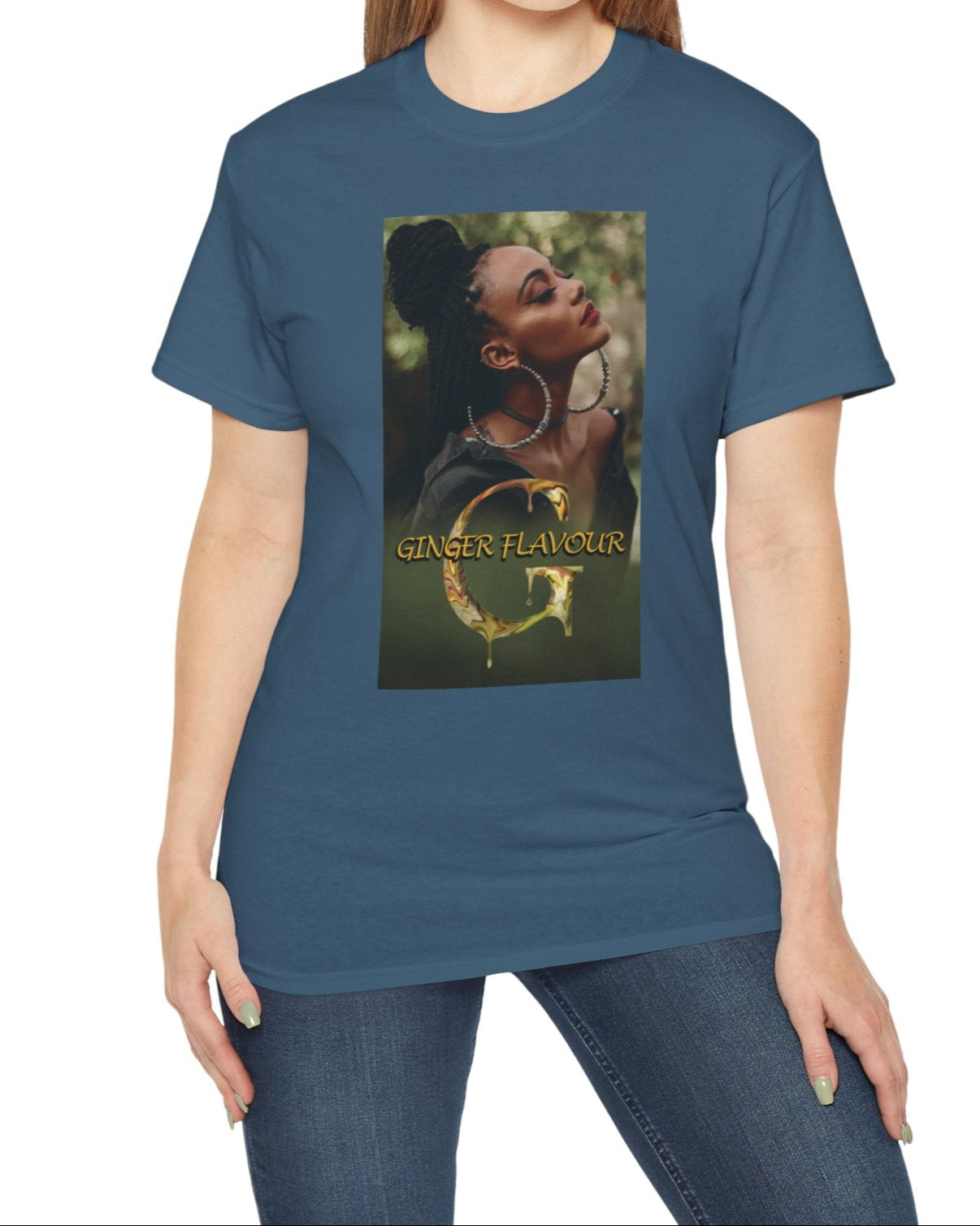 Ginger Flavour unisex cotton t-shirt in indigo blue, featuring a centered design of a woman with eyes closed, moon-shaped earrings, and soft mist. Printed on 100% US cotton, ethically made and Oeko-Tex certified. ModeK Vetements.