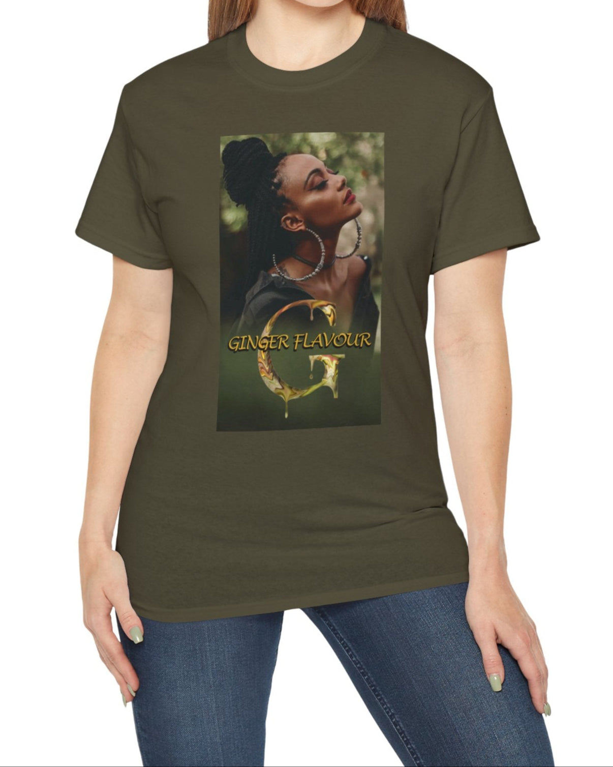 Ginger Flavour unisex cotton t-shirt in oilve, featuring a centered design of a woman with eyes closed, moon-shaped earrings, and soft mist. Printed on 100% US cotton, ethically made and Oeko-Tex certified. ModeK Vetements.