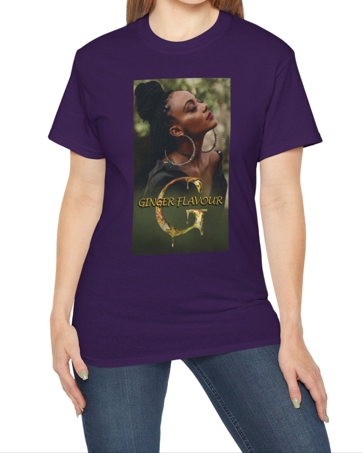 Ginger Flavour unisex cotton t-shirt in purple, featuring a centered design of a woman with eyes closed, moon-shaped earrings, and soft mist. Printed on 100% US cotton, ethically made and Oeko-Tex certified. ModeK Vetements.