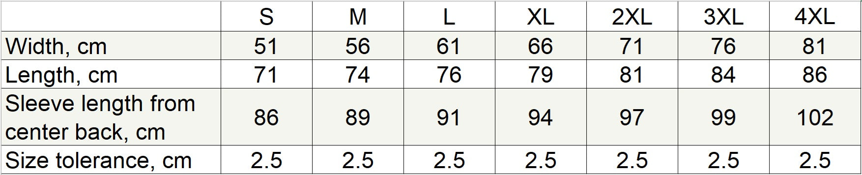 Table displaying measurements for the sweatshirt in S-4XL with width, length, sleeve length from center back, and size tolerance columns.
