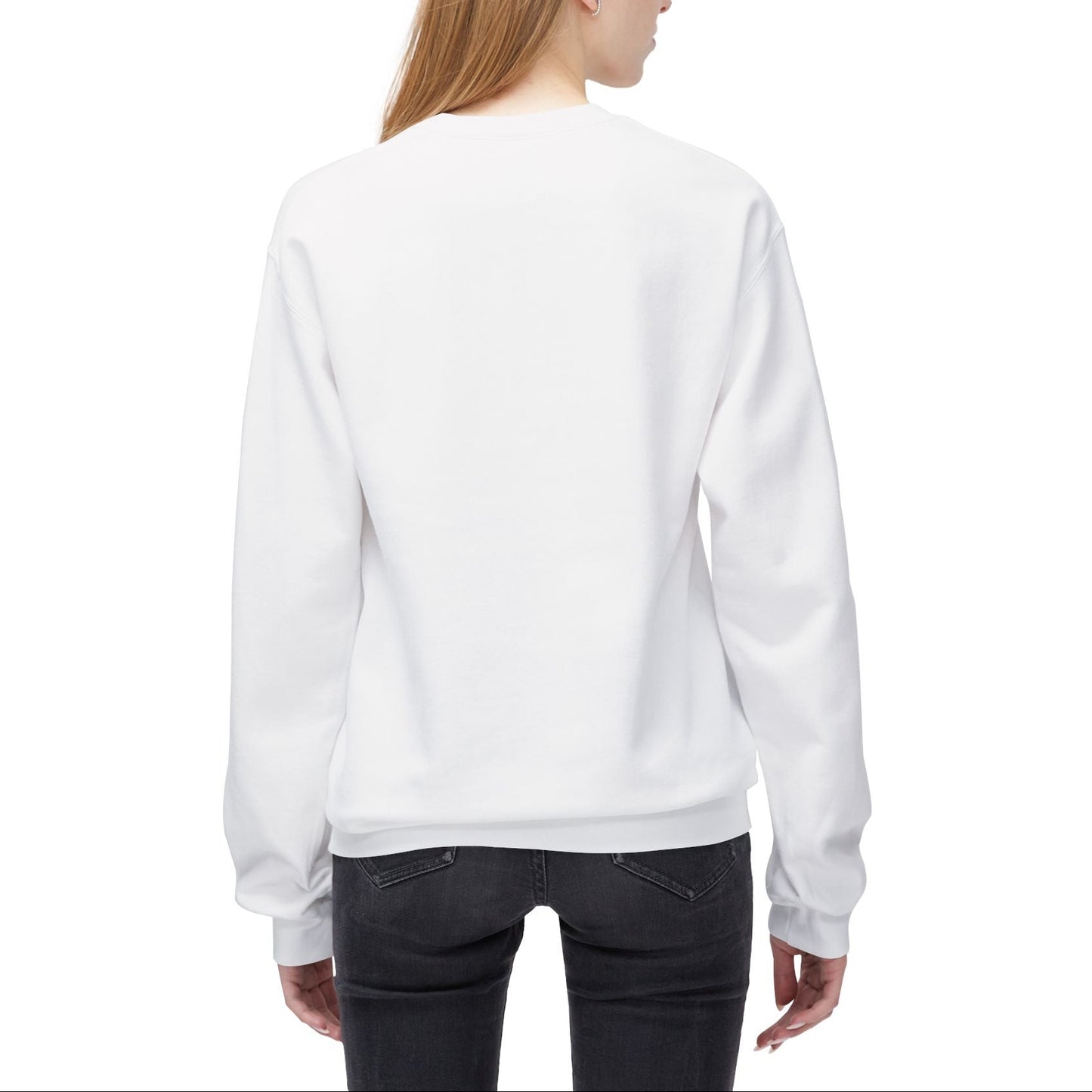 Back of the unisex sweatshirt in white featuring a photo of a woman in beige trousers and black top on a rustic fence. The gum leaf green “I’m feeling GOOD” text echoes the handbag and wraps visually around her legs. — From ModeK Vetements