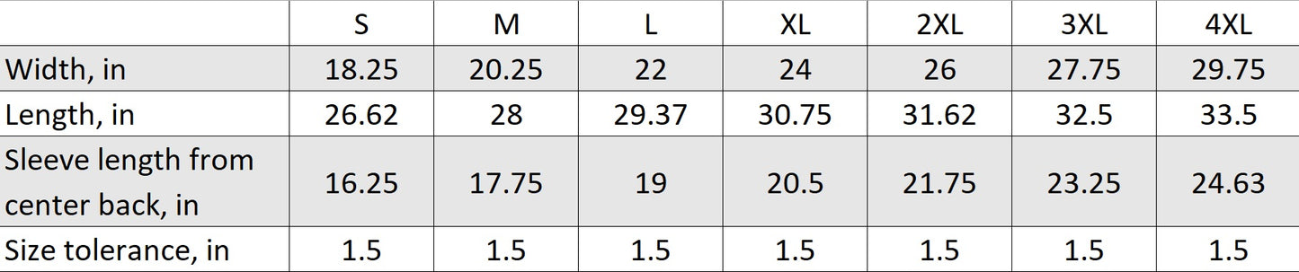 Comfort Colors 1717 size chart for Han SKZ Unisex T-Shirt. Includes width, length, and sleeve length measurements for sizes S to 4XL, with a size tolerance of 1.5 inches. ModeK Vetements.