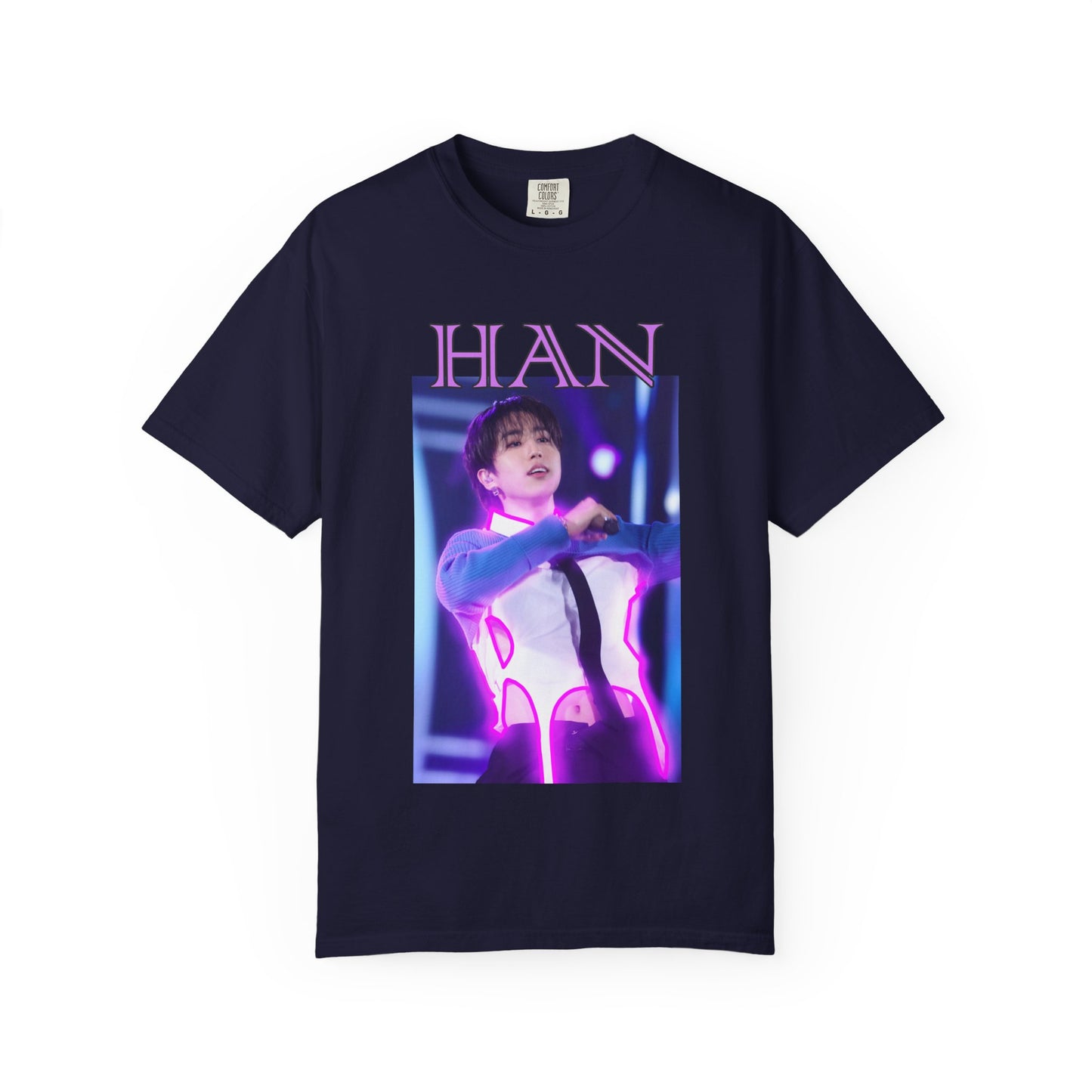 Draping Han Stray Kids Unisex T-Shirt in true navy – Neon Energy. A striking design featuring Han performing on stage, outlined in bold pink neon lights. The glowing effect adds a futuristic, high-energy feel, capturing his electrifying stage presence. 100% ring-spun cotton from ModeK Vetements.