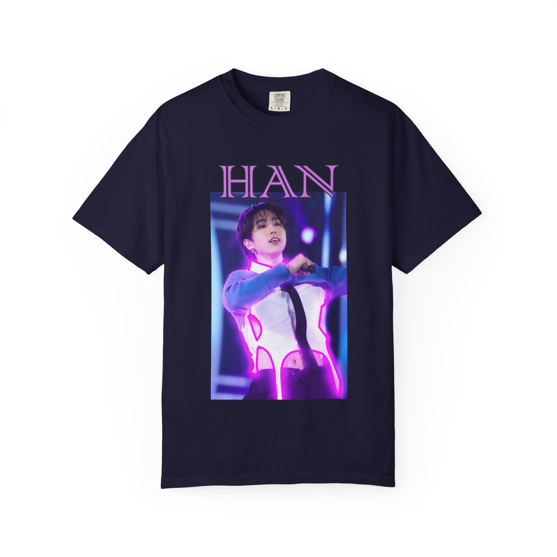 Draping Han Stray Kids Unisex T-Shirt in true navy – Neon Energy. A striking design featuring Han performing on stage, outlined in bold pink neon lights. The glowing effect adds a futuristic, high-energy feel, capturing his electrifying stage presence. 100% ring-spun cotton from ModeK Vetements.