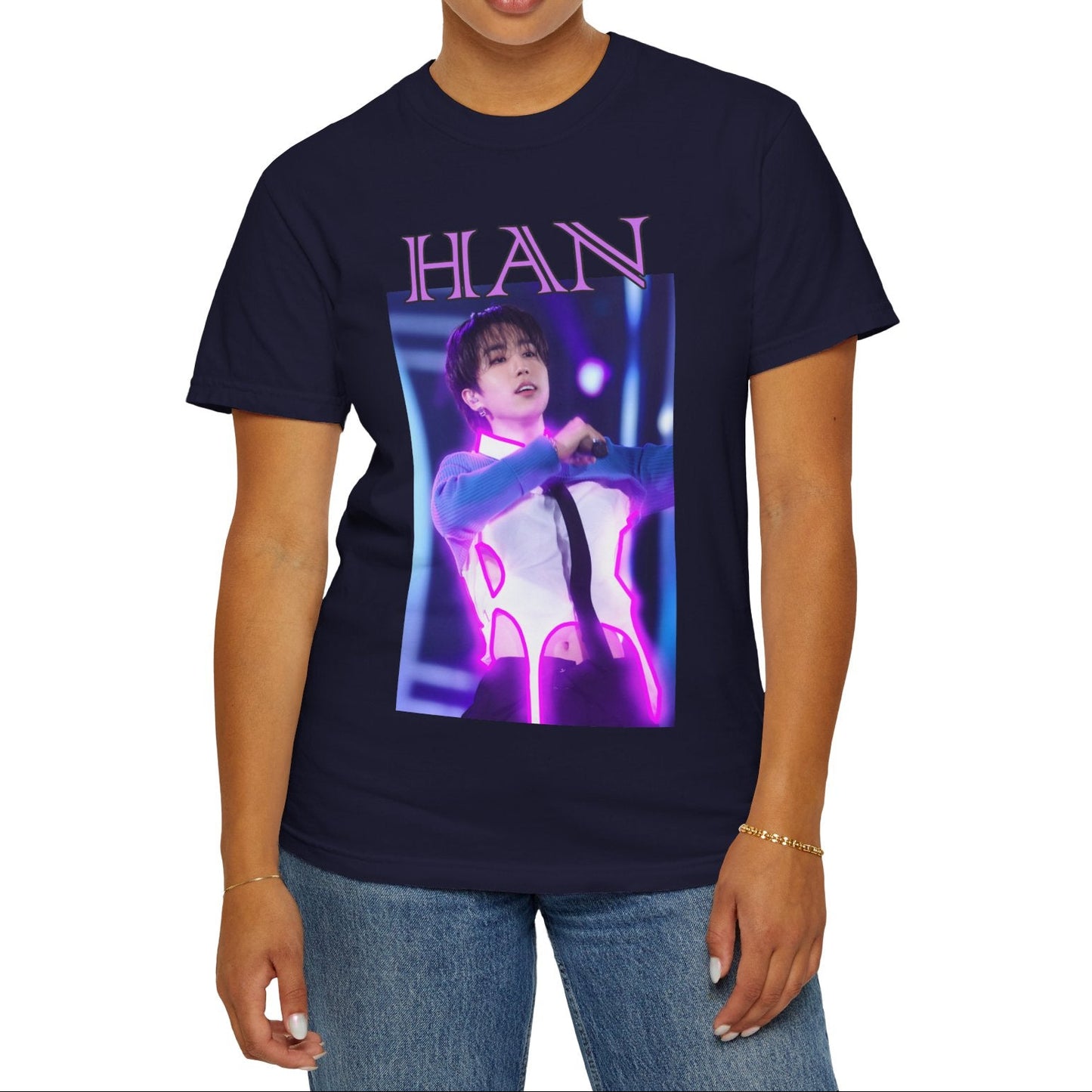 Han Stray Kids Unisex T-Shirt in true navy – Neon Energy. A striking design featuring Han performing on stage, outlined in bold pink neon lights. The glowing effect adds a futuristic, high-energy feel, capturing his electrifying stage presence. 100% ring-spun cotton from ModeK Vetements.