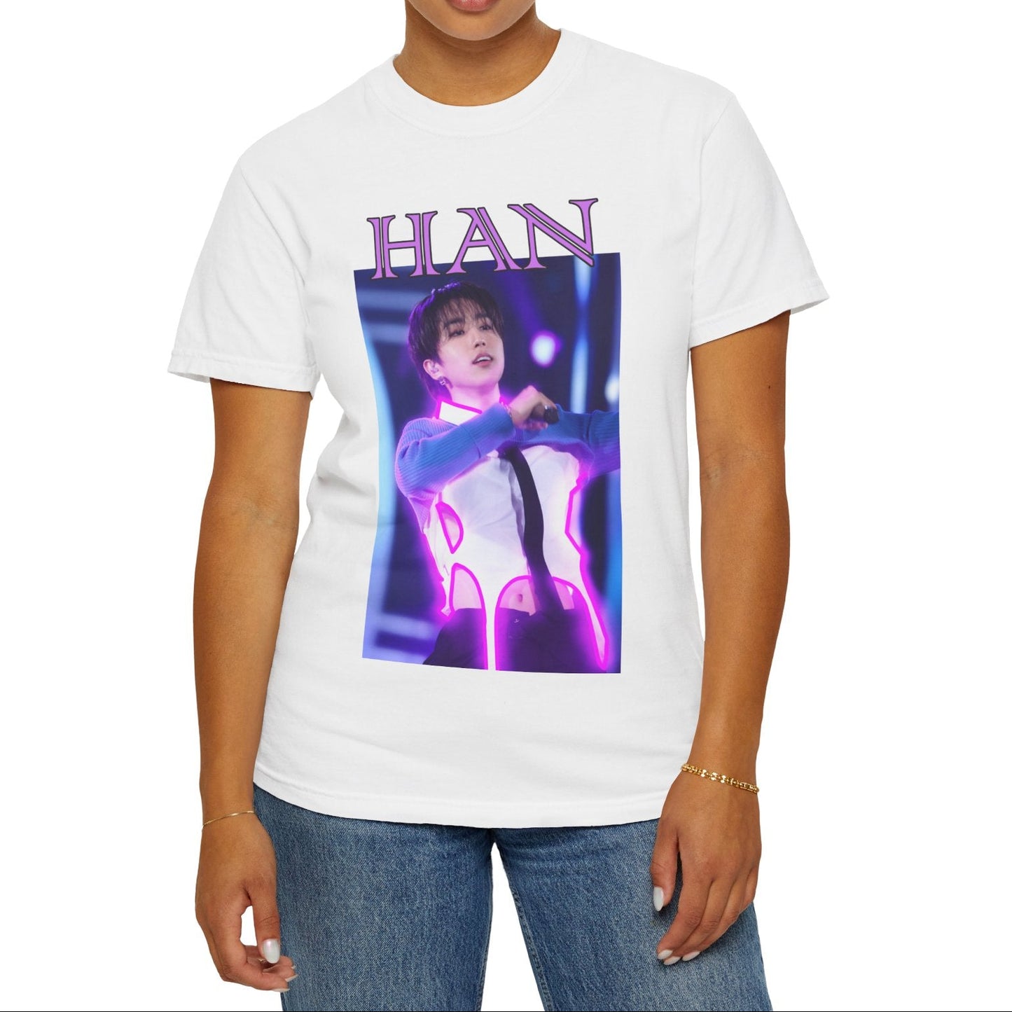 Han Stray Kids Unisex T-Shirt in white – Neon Energy. A striking design featuring Han performing on stage, outlined in bold pink neon lights. The glowing effect adds a futuristic, high-energy feel, capturing his electrifying stage presence. 100% ring-spun cotton from ModeK Vetements.
