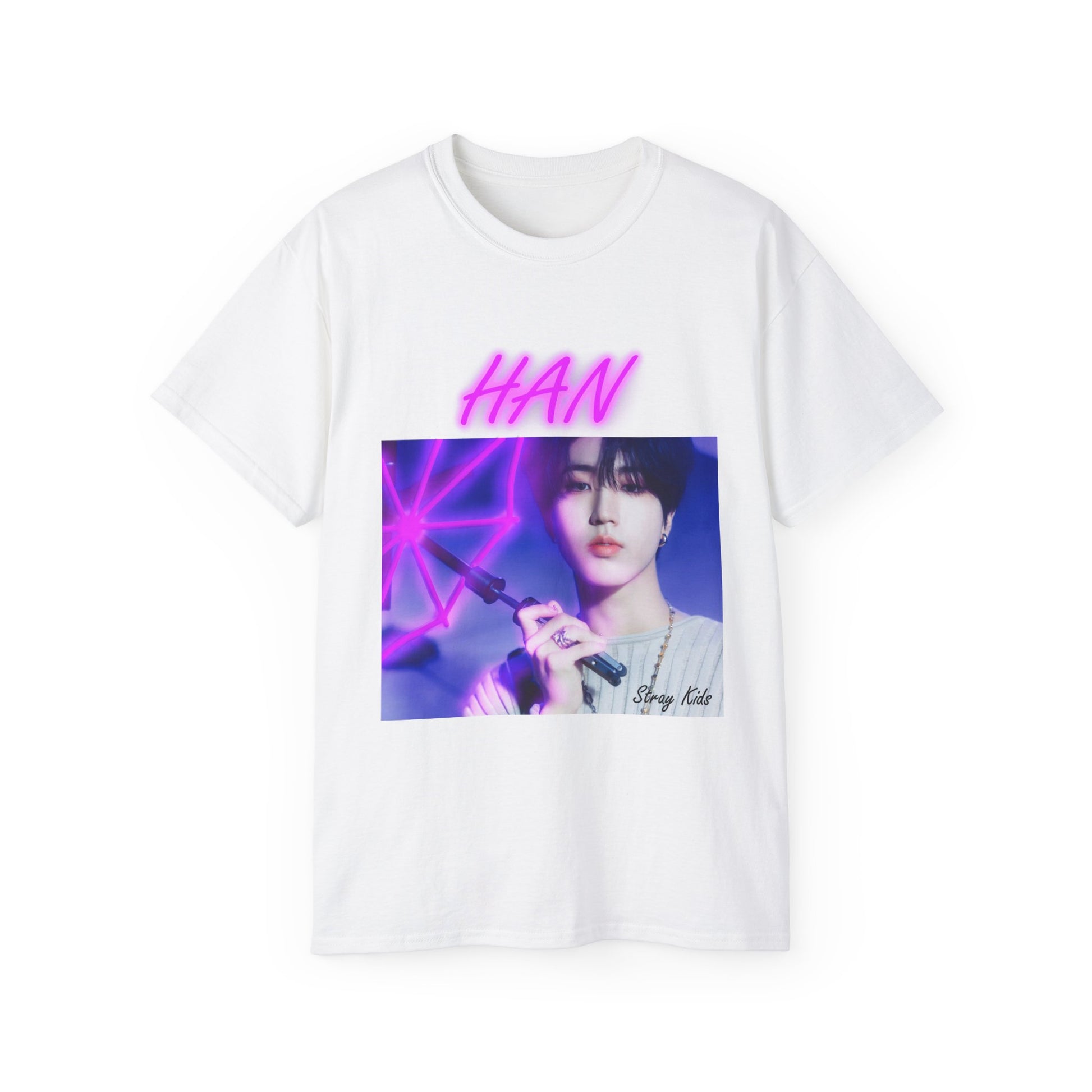 Flat Han Stray Kids unisex T-shirt in white, featuring a vivid pink neon umbrella design. Han poses in soft lighting, blending calm intensity with futuristic K-pop energy. ModeK Vetements.