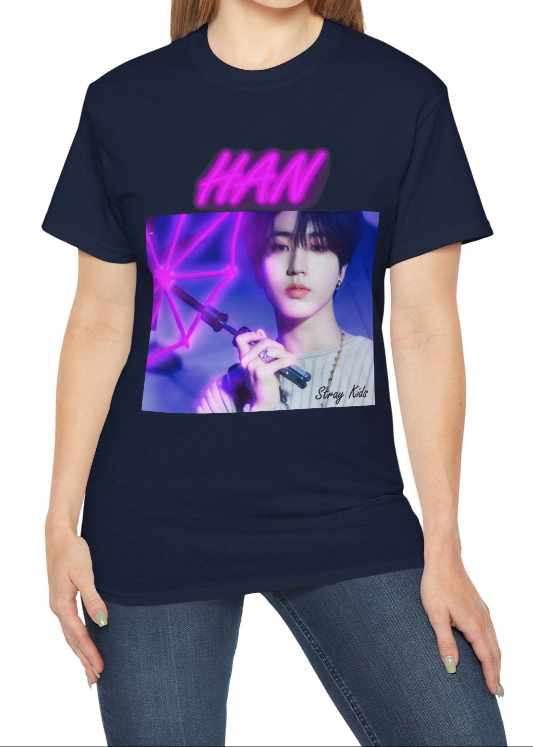Han Stray Kids unisex T-shirt in navy, featuring a vivid pink neon umbrella design. Han poses in soft lighting, blending calm intensity with futuristic K-pop energy. ModeK Vetements.