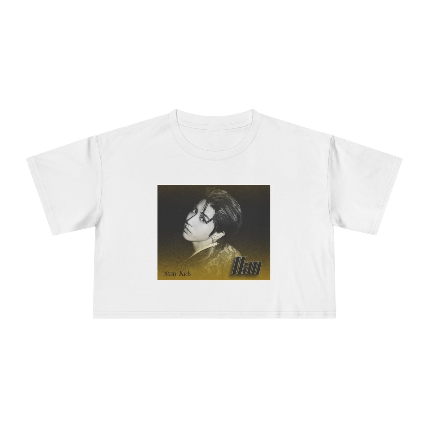 Flat women's crop t-shirt in white, featuring Han from Stray Kids in a monochrome portrait, with a golden dispersion effect blending into a black background. The design captures a cinematic, ethereal vibe. From ModeK Vetements.