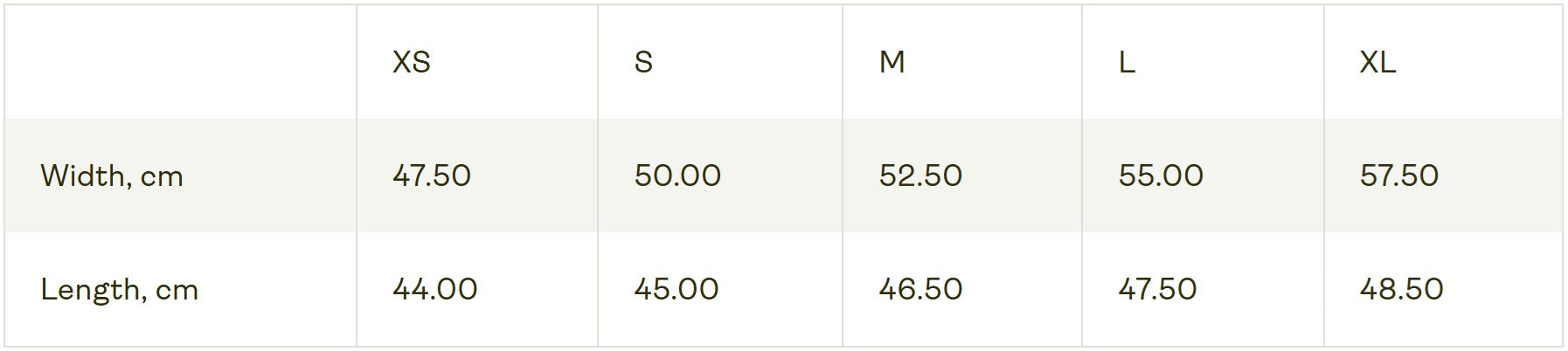Table displaying size chart for width and length in centimeters across XS, S, M, L, and XL.