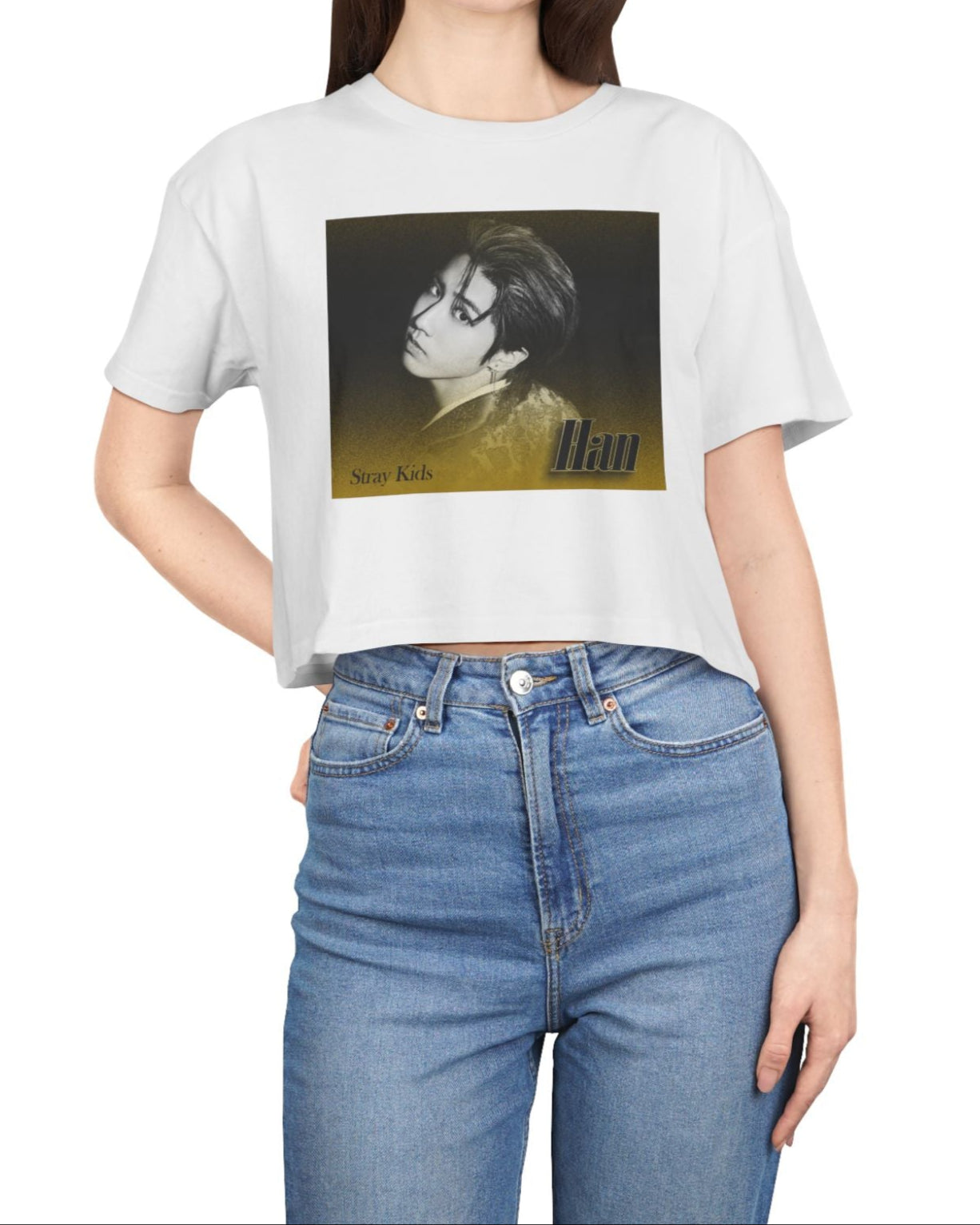 Women's crop t-shirt in white, featuring Han from Stray Kids in a monochrome portrait, with a golden dispersion effect blending into a black background. The design captures a cinematic, ethereal vibe. From ModeK Vetements.