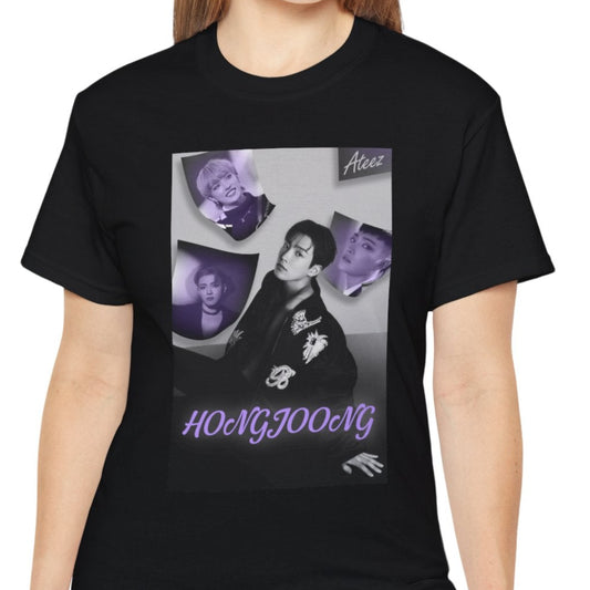 Unisex cotton t-shirt in black, featuring a photo collage of Hongjoong from ATEEZ. The central image shows him seated in a black jacket with raised beaded embellishments—a snake and flowers—surrounded by soft violet portraits. The name "HONGJOONG" appears in purple script below the collage. ModeK Vetements.