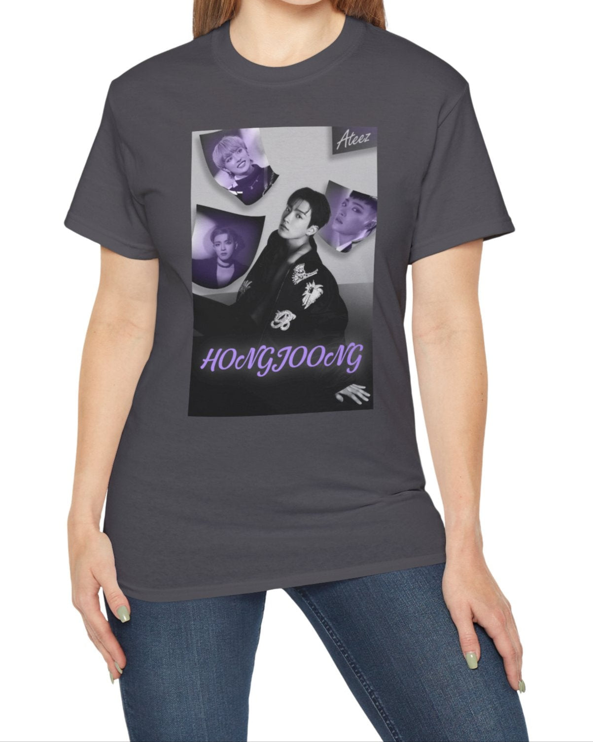 Unisex cotton t-shirt in charcoal, featuring a photo collage of Hongjoong from ATEEZ. The central image shows him seated in a black jacket with raised beaded embellishments—a snake and flowers—surrounded by soft violet portraits. The name "HONGJOONG" appears in purple script below the collage. ModeK Vetements.