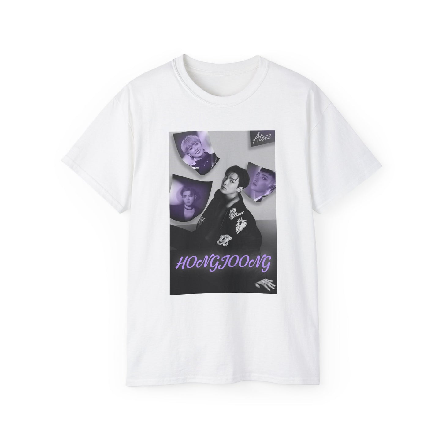 Unisex draped cotton t-shirt in white, featuring a photo collage of Hongjoong from ATEEZ. The central image shows him seated in a black jacket with raised beaded embellishments—a snake and flowers—surrounded by soft violet portraits. The name "HONGJOONG" appears in purple script below the collage. ModeK Vetements.