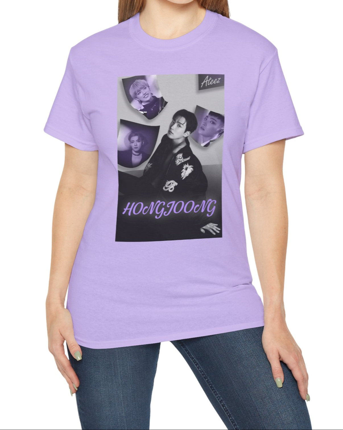 Unisex cotton t-shirt in orchid, featuring a photo collage of Hongjoong from ATEEZ. The central image shows him seated in a black jacket with raised beaded embellishments—a snake and flowers—surrounded by soft violet portraits. The name "HONGJOONG" appears in purple script below the collage. ModeK Vetements.