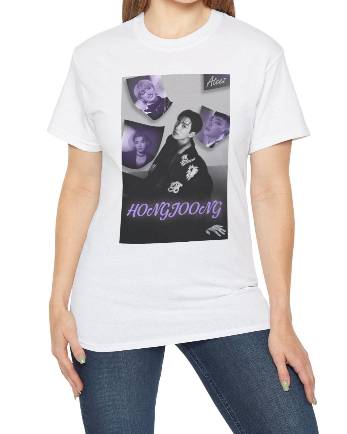Unisex cotton t-shirt in white, featuring a photo collage of Hongjoong from ATEEZ. The central image shows him seated in a black jacket with raised beaded embellishments—a snake and flowers—surrounded by soft violet portraits. The name "HONGJOONG" appears in purple script below the collage. ModeK Vetements.