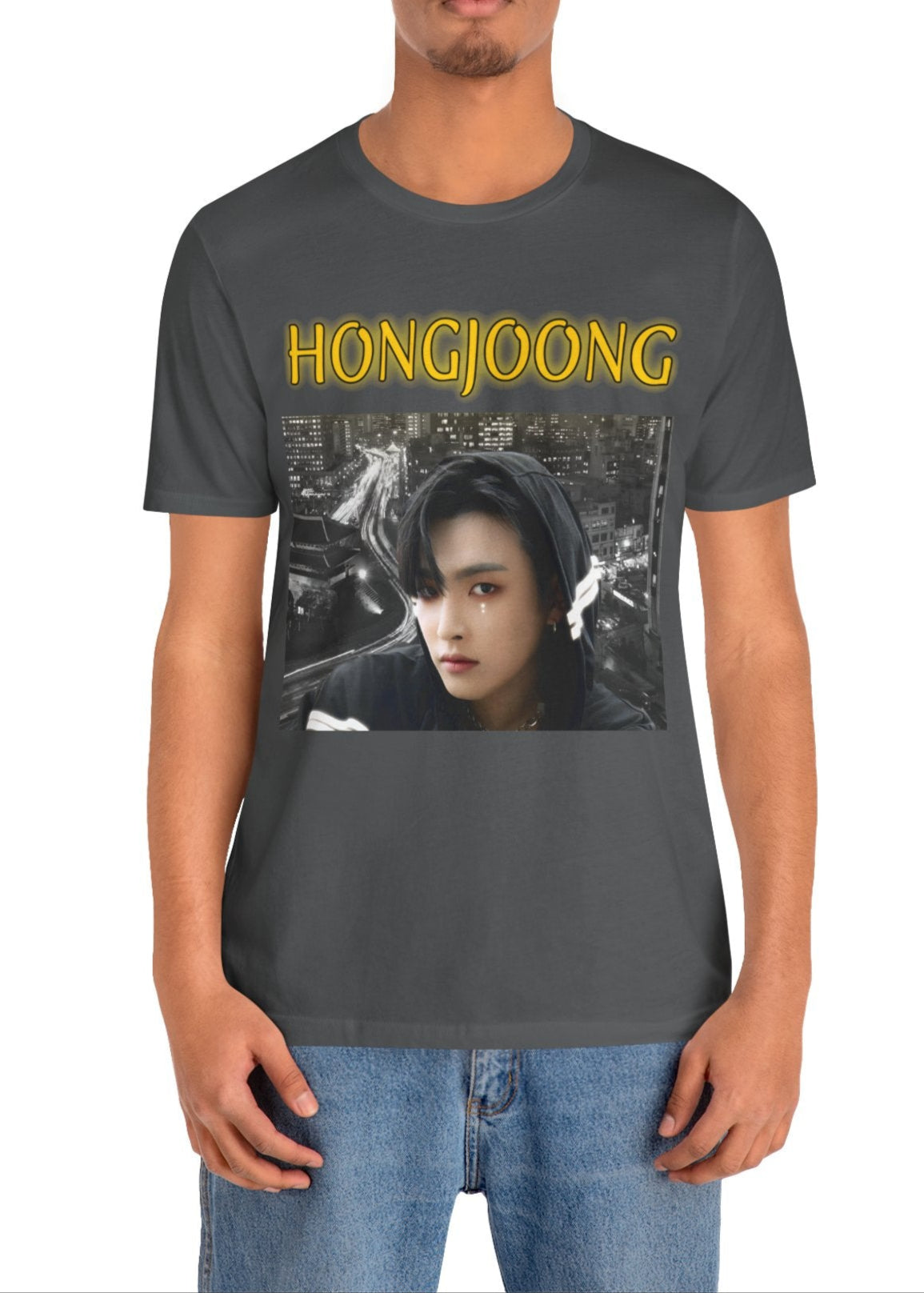 Hongjoong ATEEZ Unisex T-Shirt in asphalt, featuring neon light trails and a striking cityscape. A bold design capturing his rebellious vision and artistic energy. ModeK Vetements.