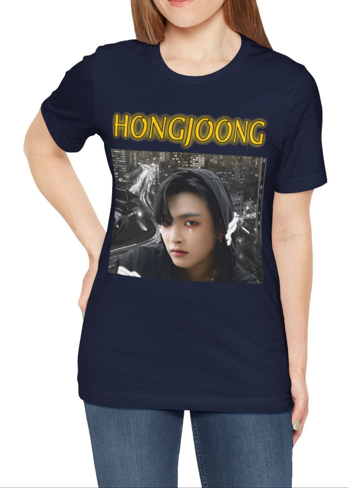 Hongjoong ATEEZ Unisex T-Shirt in navy, featuring neon light trails and a striking cityscape. A bold design capturing his rebellious vision and artistic energy. ModeK Vetements.