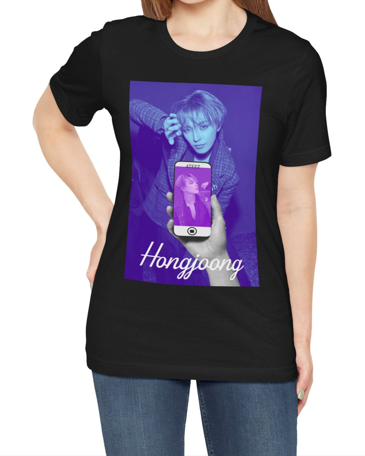Unisex t-shirt in black, from airlume combed and ringspun cotton, featuring a Printed design of Hongjoong from ATEEZ in a surreal phone screen composition. The background in blueberry contrasts with a purple-toned image on the phone, evoking alternate perspectives or layered realities. From ModeK Vetements.