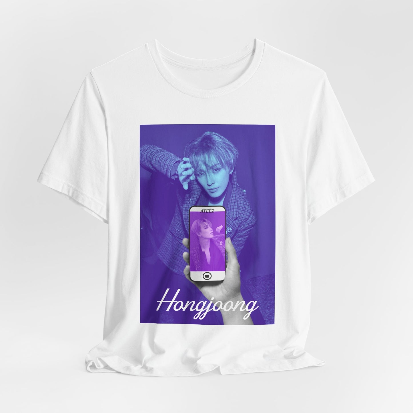 Draped Unisex t-shirt in white, from airlume combed and ringspun cotton, featuring a Printed design of Hongjoong from ATEEZ in a surreal phone screen composition. The background in blueberry contrasts with a purple-toned image on the phone, evoking alternate perspectives or layered realities. From ModeK Vetements.