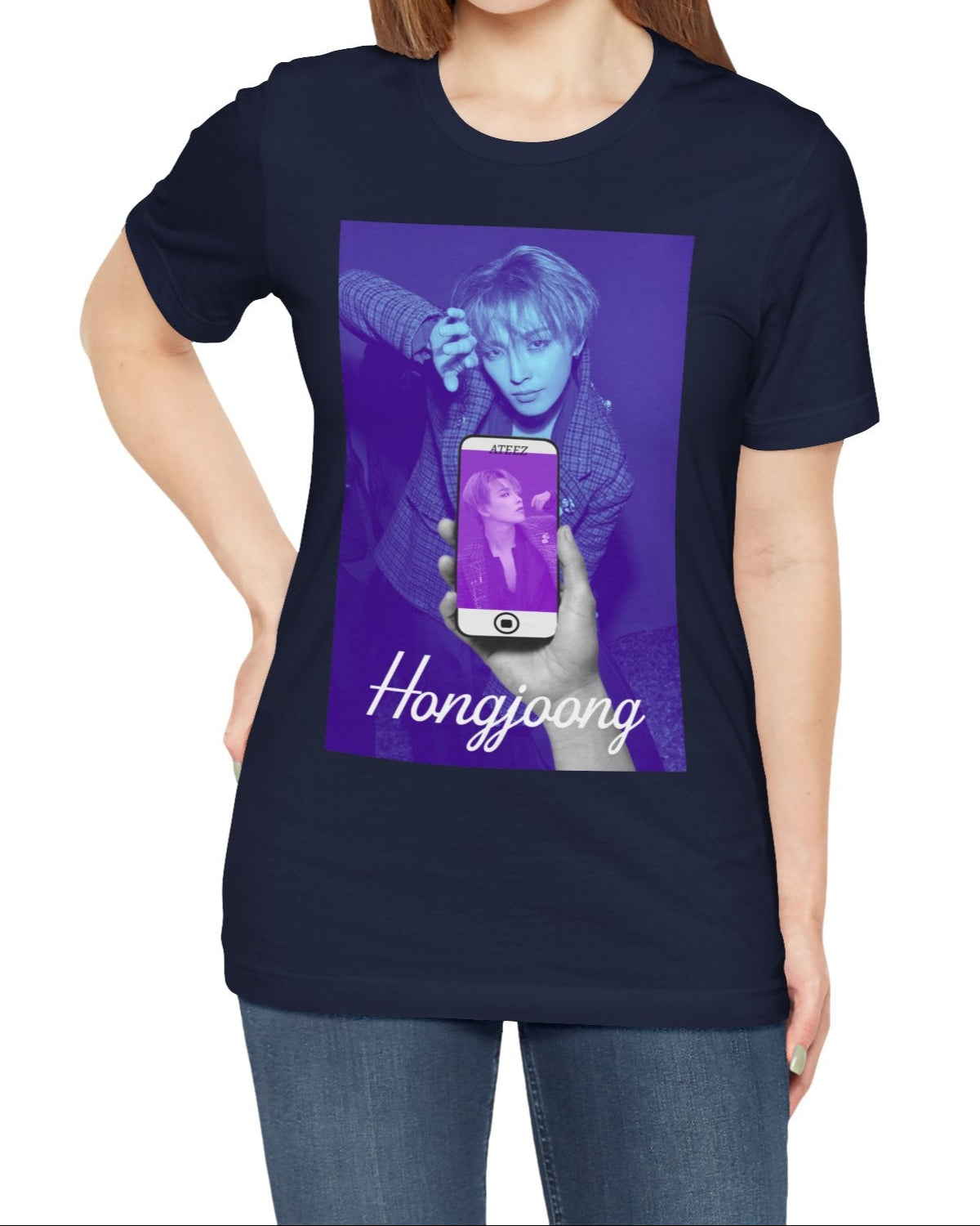 Unisex t-shirt in navy, from airlume combed and ringspun cotton, featuring a Printed design of Hongjoong from ATEEZ in a surreal phone screen composition. The background in blueberry contrasts with a purple-toned image on the phone, evoking alternate perspectives or layered realities. From ModeK Vetements.