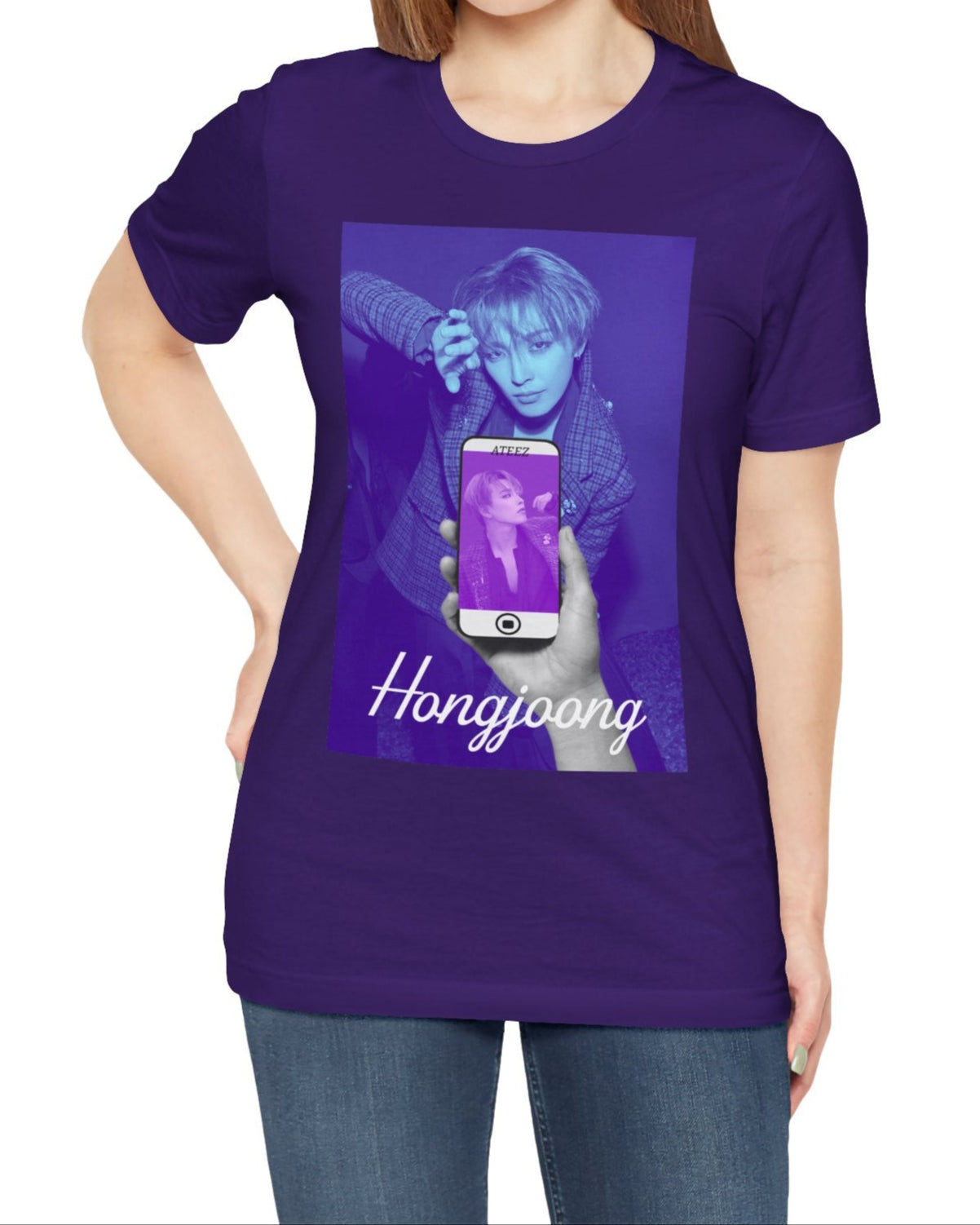 Unisex t-shirt in team purple, from airlume combed and ringspun cotton, featuring a Printed design of Hongjoong from ATEEZ in a surreal phone screen composition. The background in blueberry contrasts with a purple-toned image on the phone, evoking alternate perspectives or layered realities. From ModeK Vetements.