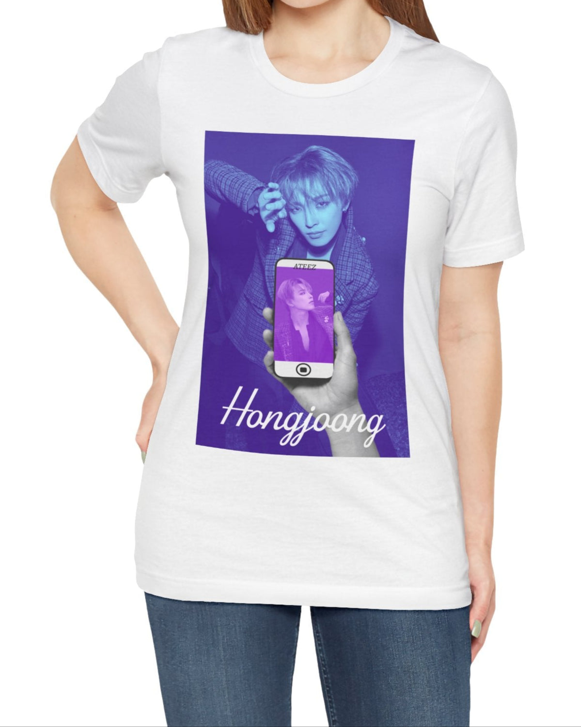 Unisex t-shirt in white, from airlume combed and ringspun cotton, featuring a Printed design of Hongjoong from ATEEZ in a surreal phone screen composition. The background in blueberry contrasts with a purple-toned image on the phone, evoking alternate perspectives or layered realities. From ModeK Vetements.