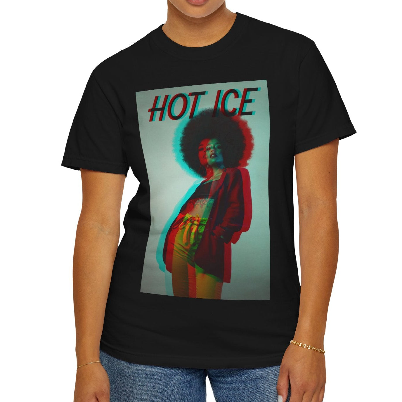 HOT ICE unisex T-Shirt in black featuring a 3D glitch effect with red and blue overlays, retro-futuristic digital distortion, and bold typography. 100% ringspun cotton from ModeK Vetements.