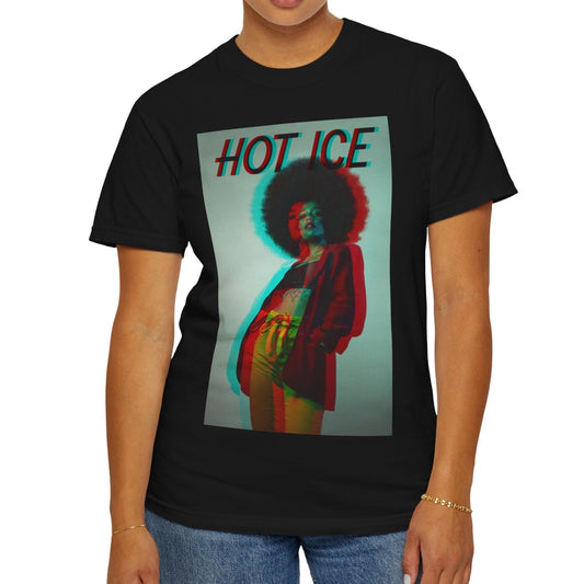 HOT ICE unisex T-Shirt in black featuring a 3D glitch effect with red and blue overlays, retro-futuristic digital distortion, and bold typography. 100% ringspun cotton from ModeK Vetements.