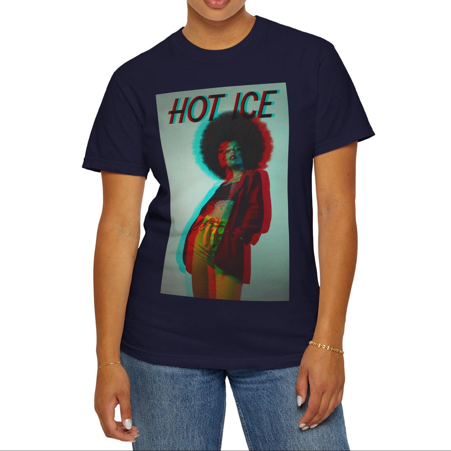 HOT ICE unisex T-Shirt in true navy featuring a 3D glitch effect with red and blue overlays, retro-futuristic digital distortion, and bold typography. 100% ringspun cotton from ModeK Vetements.