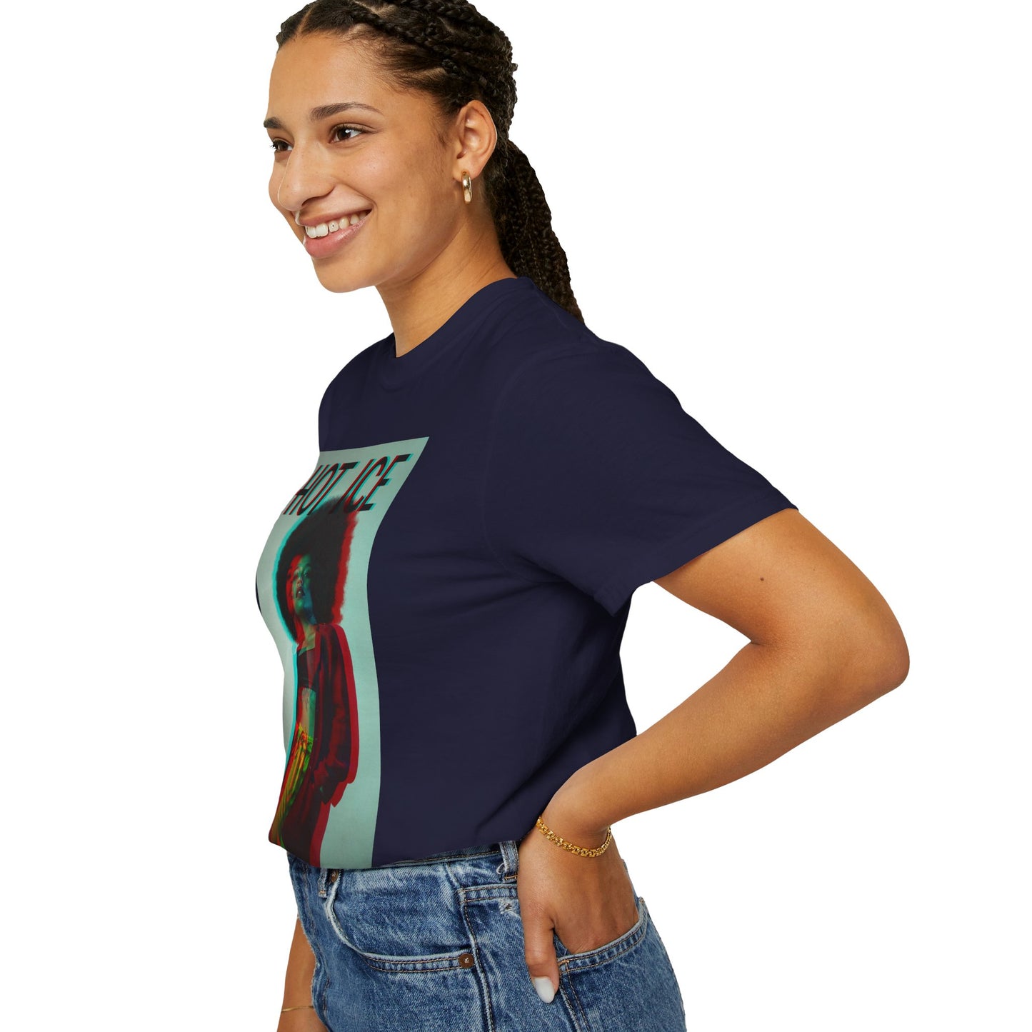Profile view of the HOT ICE unisex T-Shirt in true navy featuring a 3D glitch effect with red and blue overlays, retro-futuristic digital distortion, and bold typography. 100% ringspun cotton from ModeK Vetements.