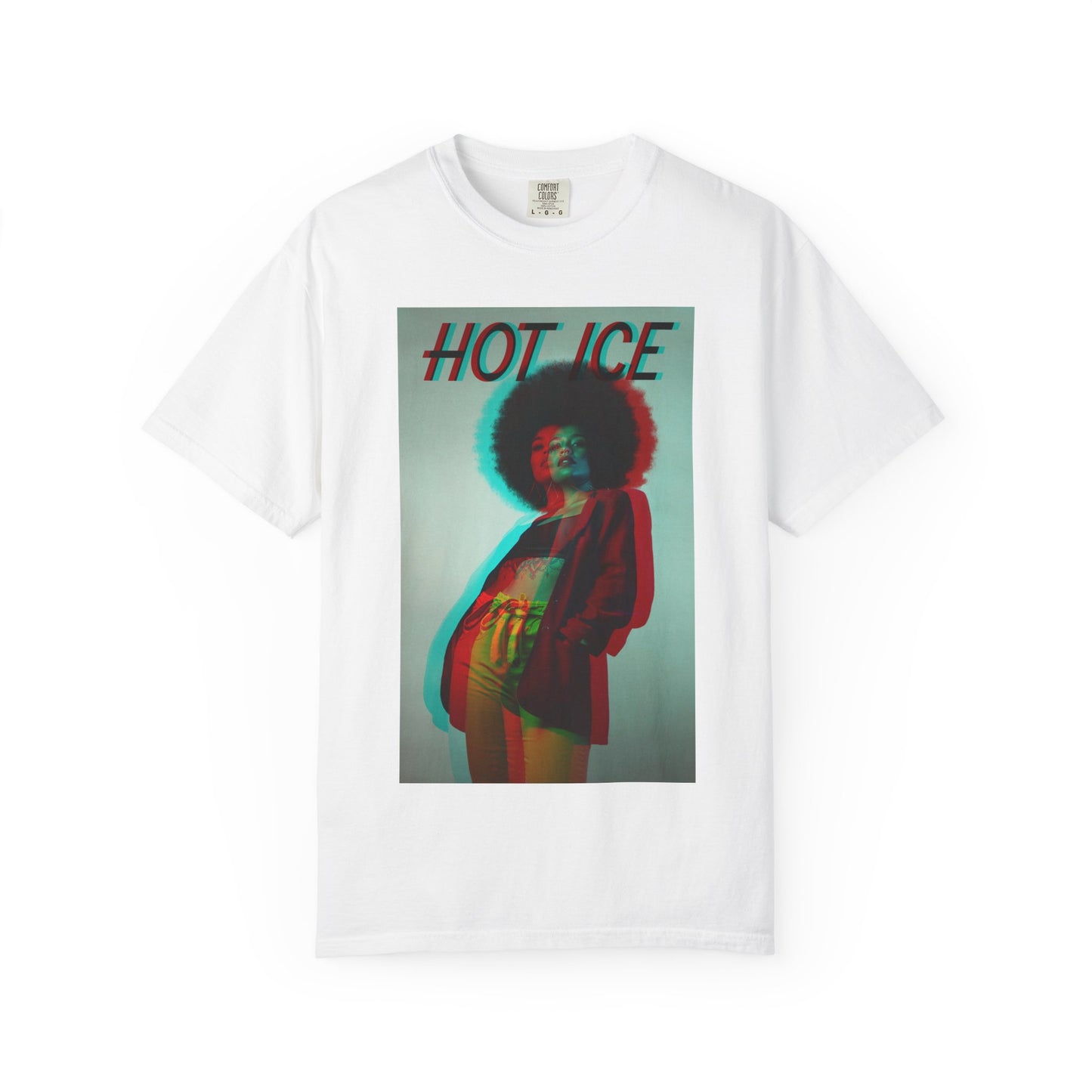 Draping HOT ICE unisex T-Shirt in white featuring a 3D glitch effect with red and blue overlays, retro-futuristic digital distortion, and bold typography. 100% ringspun cotton from ModeK Vetements.