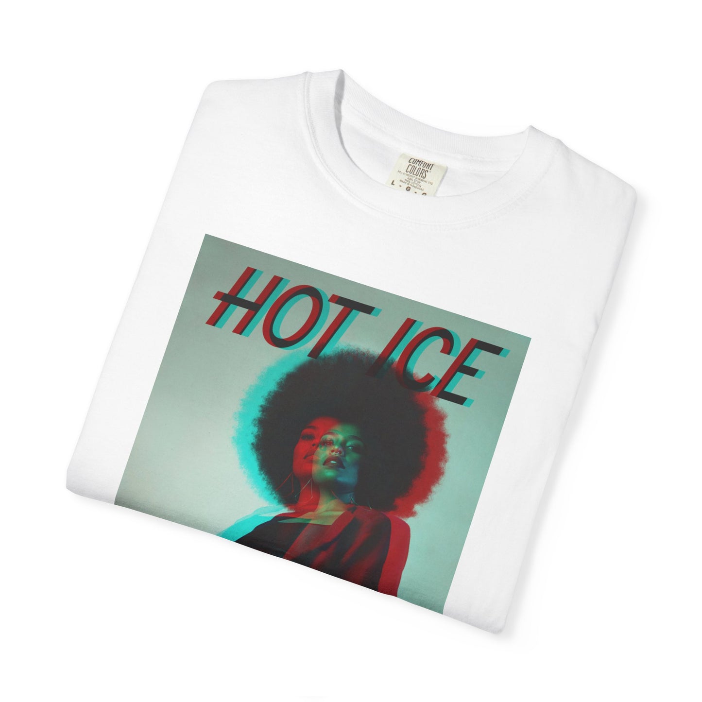 Folded HOT ICE unisex T-Shirt in white featuring a 3D glitch effect with red and blue overlays, retro-futuristic digital distortion, and bold typography. 100% ringspun cotton from ModeK Vetements.