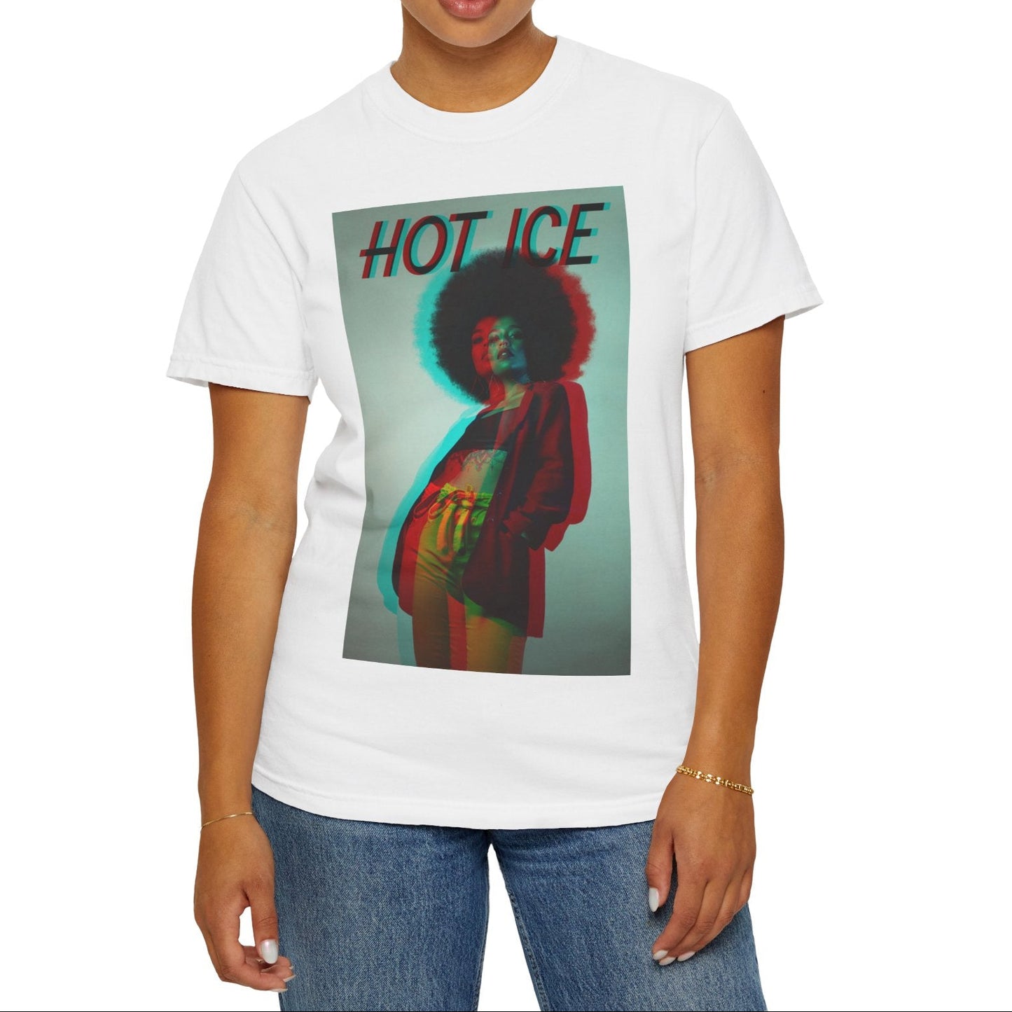 HOT ICE unisex T-Shirt in white featuring a 3D glitch effect with red and blue overlays, retro-futuristic digital distortion, and bold typography. 100% ringspun cotton from ModeK Vetements.