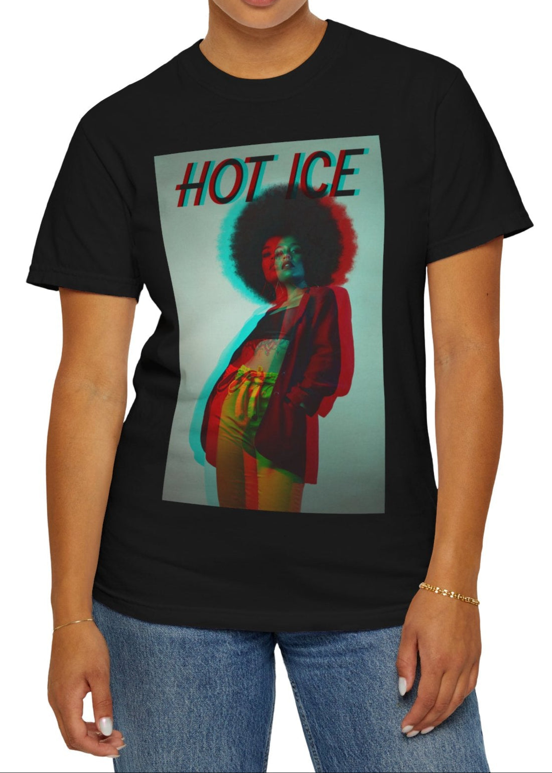 HOT ICE T-Shirt in black featuring a 3D glitch effect with red and blue overlays, retro-futuristic digital distortion, and bold typography on a unisex graphic tee. ModeK Vetements.