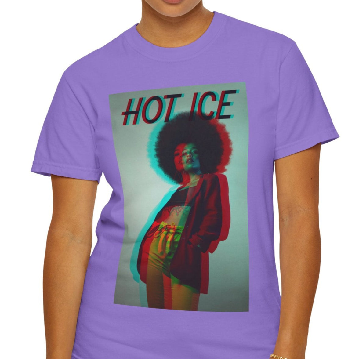 HOT ICE T-Shirt in violet featuring a 3D glitch effect with red and blue overlays, retro-futuristic digital distortion, and bold typography on a unisex graphic tee.