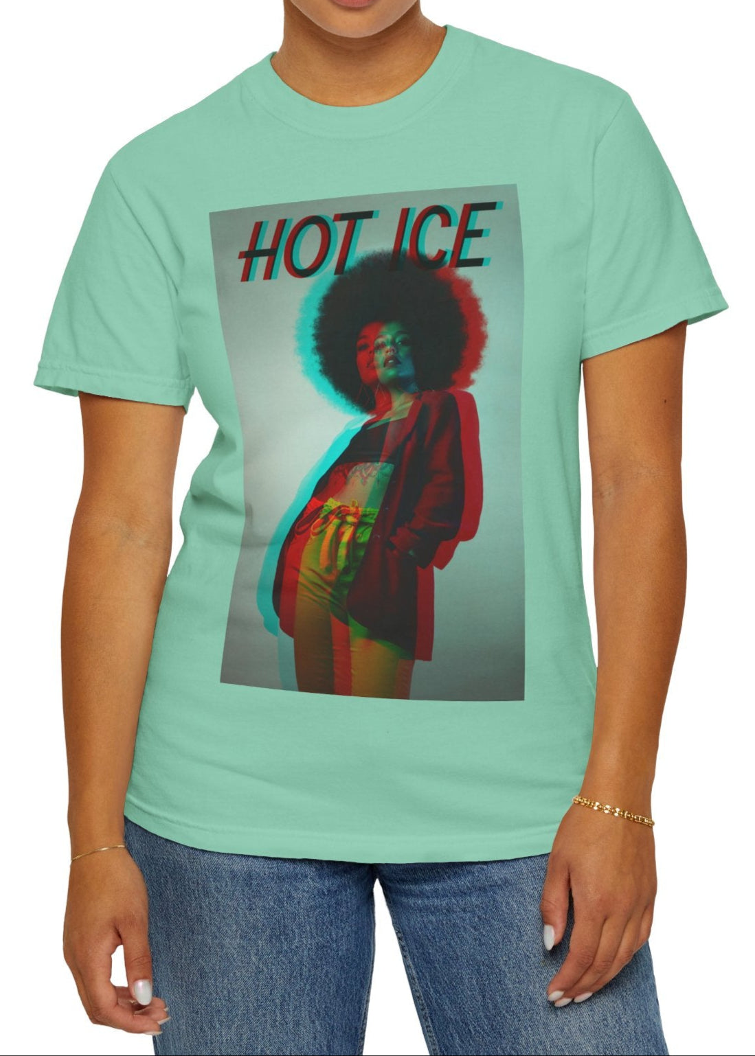 HOT ICE unisex T-Shirt in island reef, featuring a 3D glitch effect with red and blue overlays, retro-futuristic digital distortion, and bold typography on a unisex graphic tee.