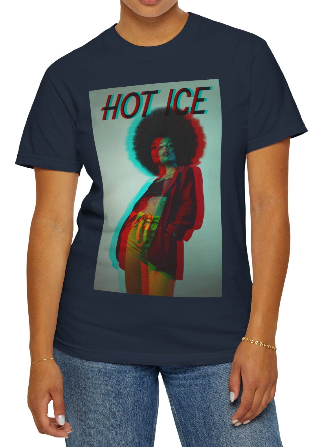 HOT ICE unisex T-Shirt in navy featuring a 3D glitch effect with red and blue overlays, retro-futuristic digital distortion, and bold typography on a unisex graphic tee. ModeK Vetements.
