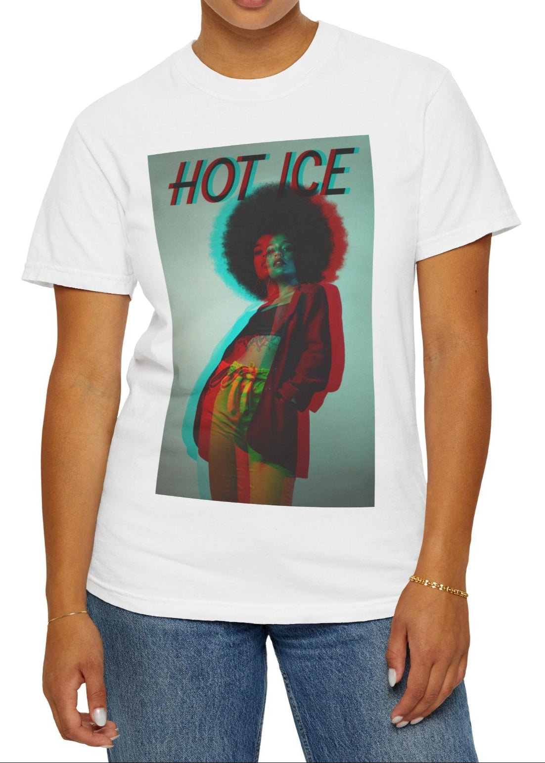 HOT ICE unisex T-Shirt in white featuring a 3D glitch effect with red and blue overlays, retro-futuristic digital distortion, and bold typography on a unisex graphic tee. ModeK Vetements.