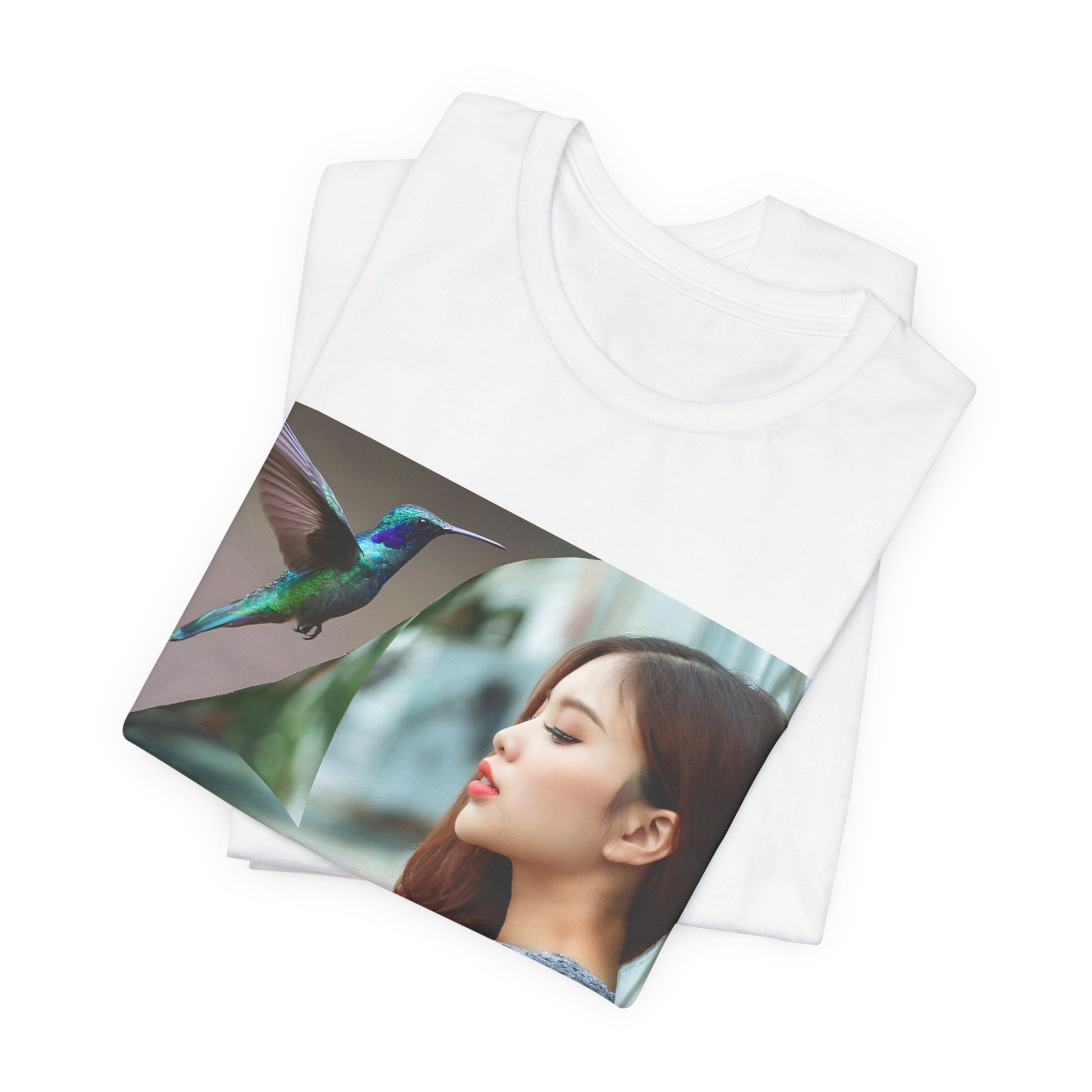 Folded Unisex airlume combed, ring-spun cotton T-shirt in white, featuring a turning-page effect that reveals a hummingbird in flight. Inspired by the lightness, color, and serenity of the bird, the design evokes grace, freedom, and a soul that seeks only the nectar of life. From ModeK Vetements.