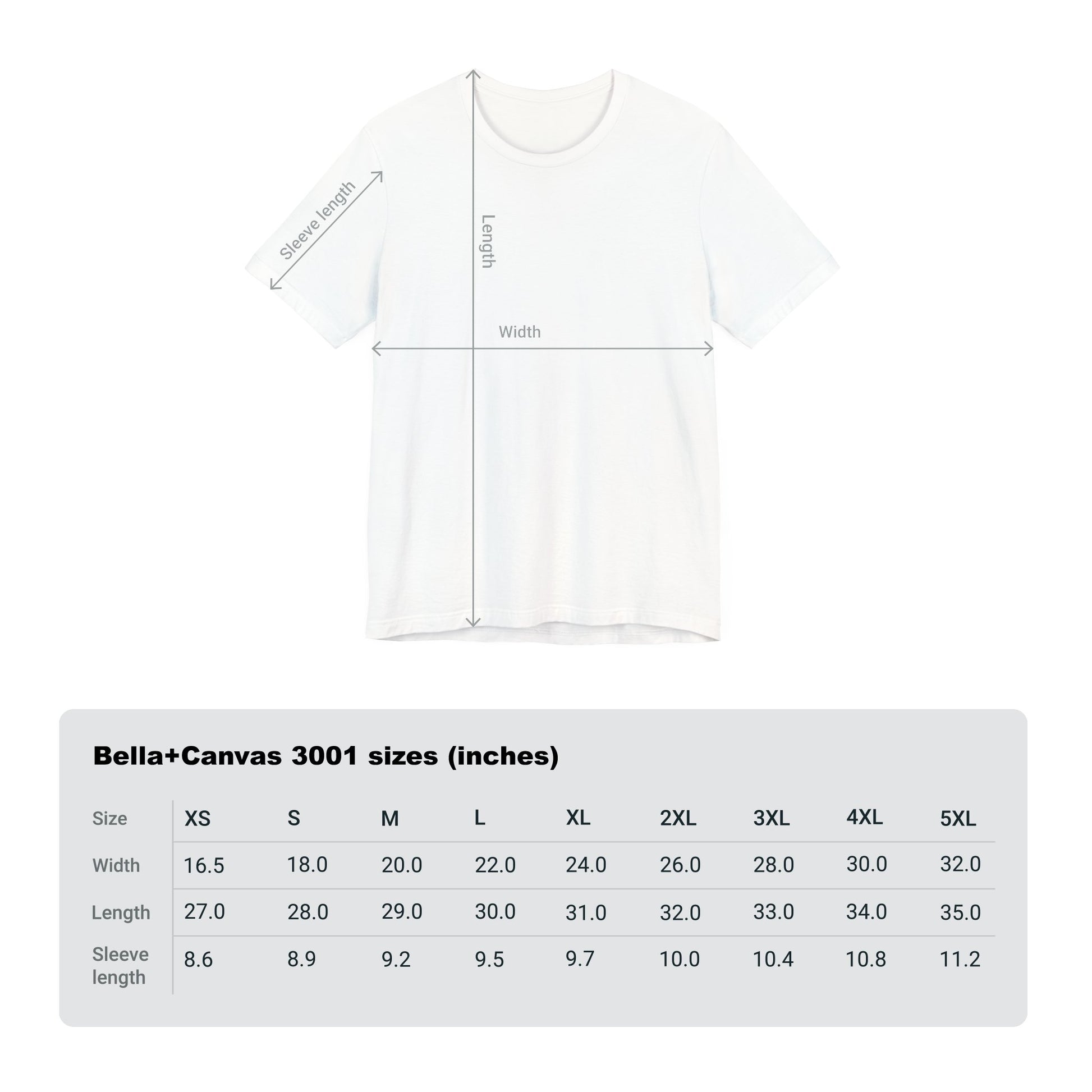 Bella+Canvas 3001 size chart for the Hyunjin Cyan Glow T-shirt, featuring measurements for width, length, and sleeve length from XS to 5XL. From ModeKVetements.