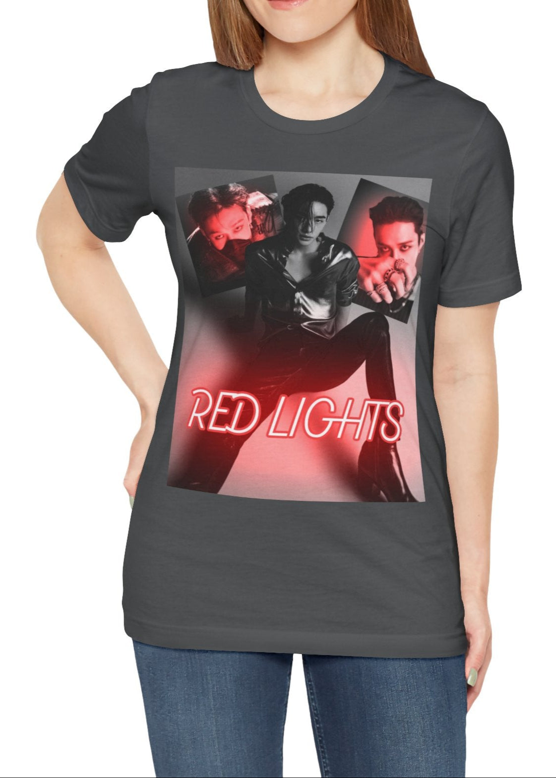 A black-and-white collage of Hyunjin set against a dramatic red neon glow, featured on a unisex t-shirt in asphalt, from 100% Airlume combed and ring-spun cotton. The design captures the sultry and hypnotic energy of his track "Red Lights," with moody lighting and bold composition, making it a statement piece for fans. From ModeK Vetements.