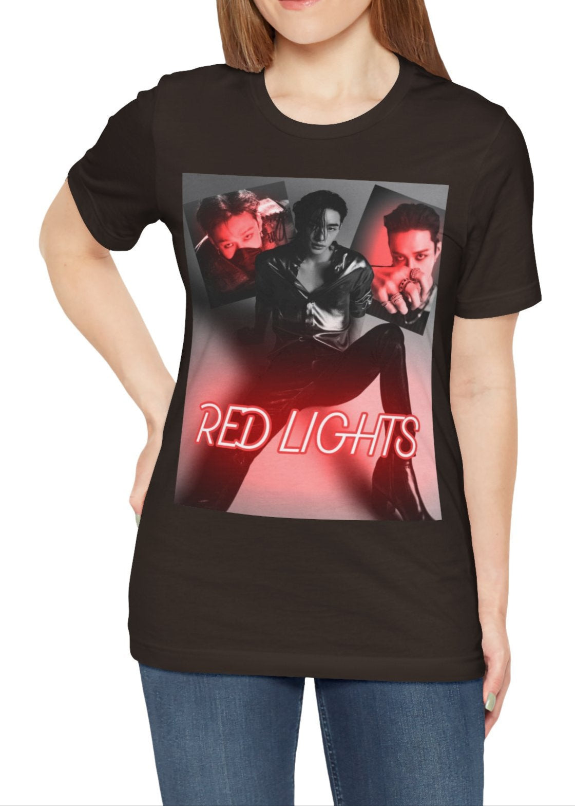 A black-and-white collage of Hyunjin set against a dramatic red neon glow, featured on a unisex brown t-shirt from 100% Airlume combed and ring-spun cotton. The design captures the sultry and hypnotic energy of his track "Red Lights," with moody lighting and bold composition, making it a statement piece for fans. From ModeK Vetements.