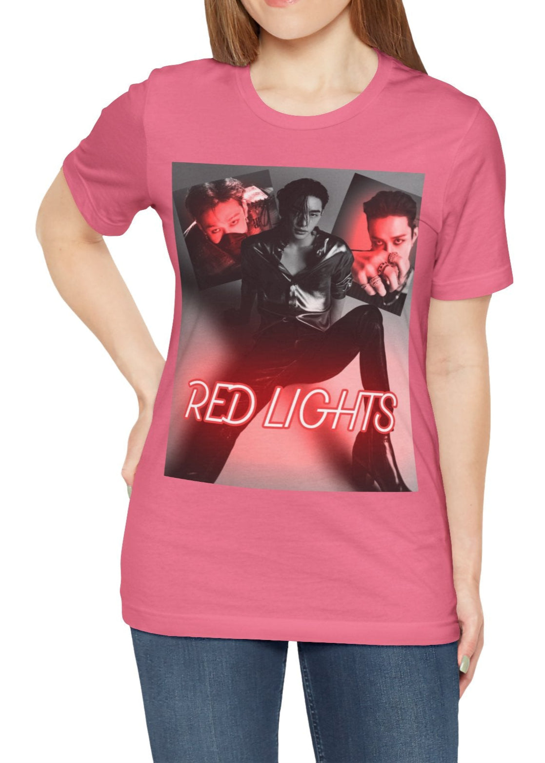 A black-and-white collage of Hyunjin set against a dramatic red neon glow, featured on a unisex t-shirt in charity pink, from 100% Airlume combed and ring-spun cotton. The design captures the sultry and hypnotic energy of his track "Red Lights," with moody lighting and bold composition, making it a statement piece for fans. From ModeK Vetements.