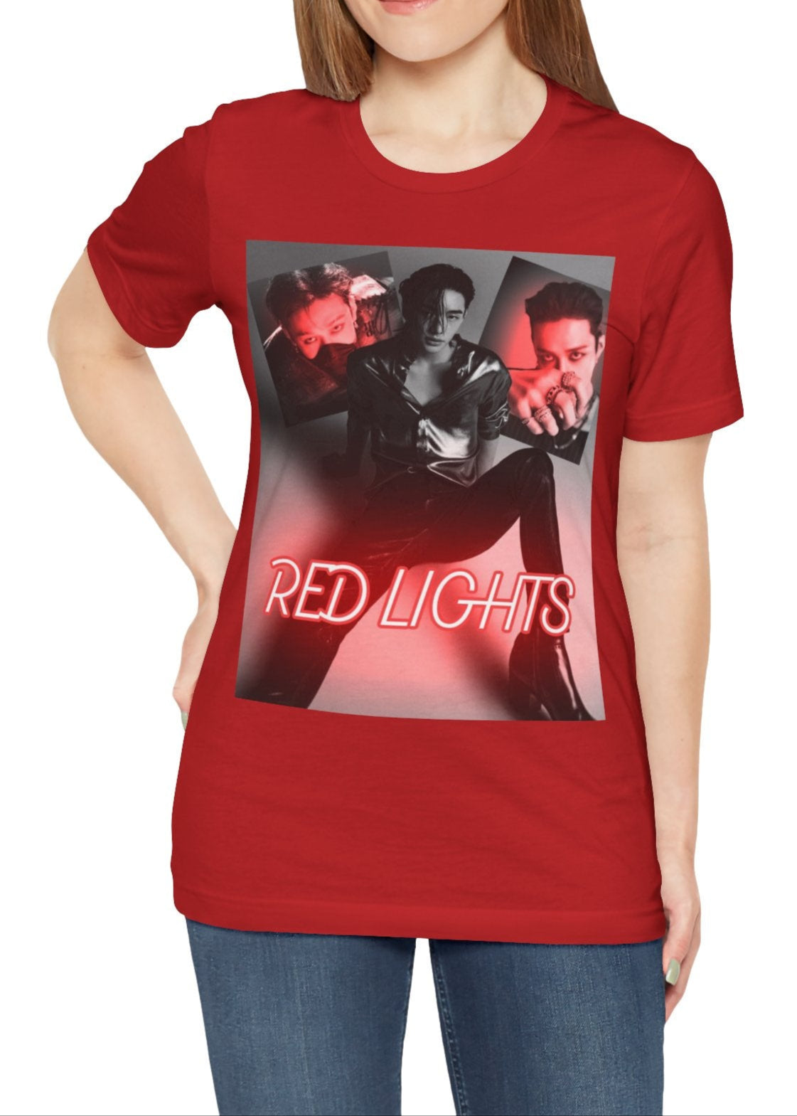 A black-and-white collage of Hyunjin set against a dramatic red neon glow, featured on a unisex red t-shirt from 100% Airlume combed and ring-spun cotton. The design captures the sultry and hypnotic energy of his track "Red Lights," with moody lighting and bold composition, making it a statement piece for fans. From ModeK Vetements.