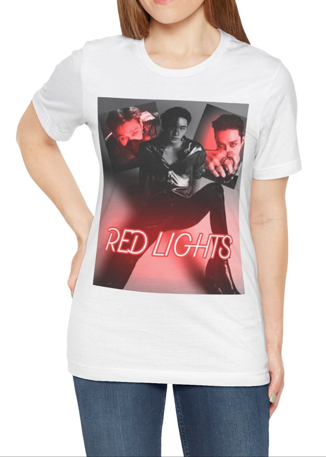 A black-and-white collage of Hyunjin set against a dramatic red neon glow, featured on a unisex white t-shirt from 100% Airlume combed and ring-spun cotton. The design captures the sultry and hypnotic energy of his track "Red Lights," with moody lighting and bold composition, making it a statement piece for fans. From ModeK Vetements.