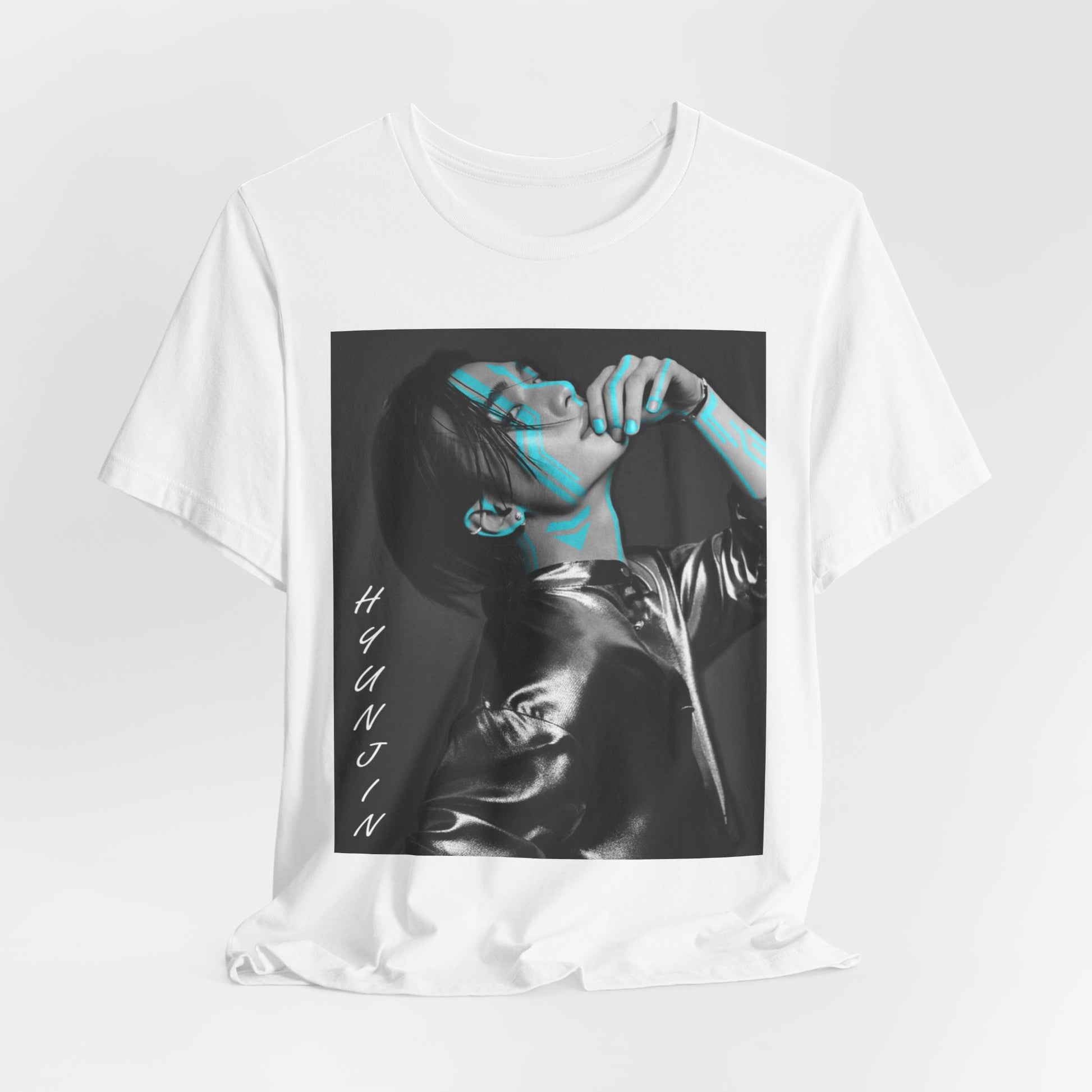 Draped Hyunjin Stray Kids T-shirt featuring a futuristic cyan glow effect on a sleek monochrome design, with metallic textures and bold aesthetics. From ModeKVetements.